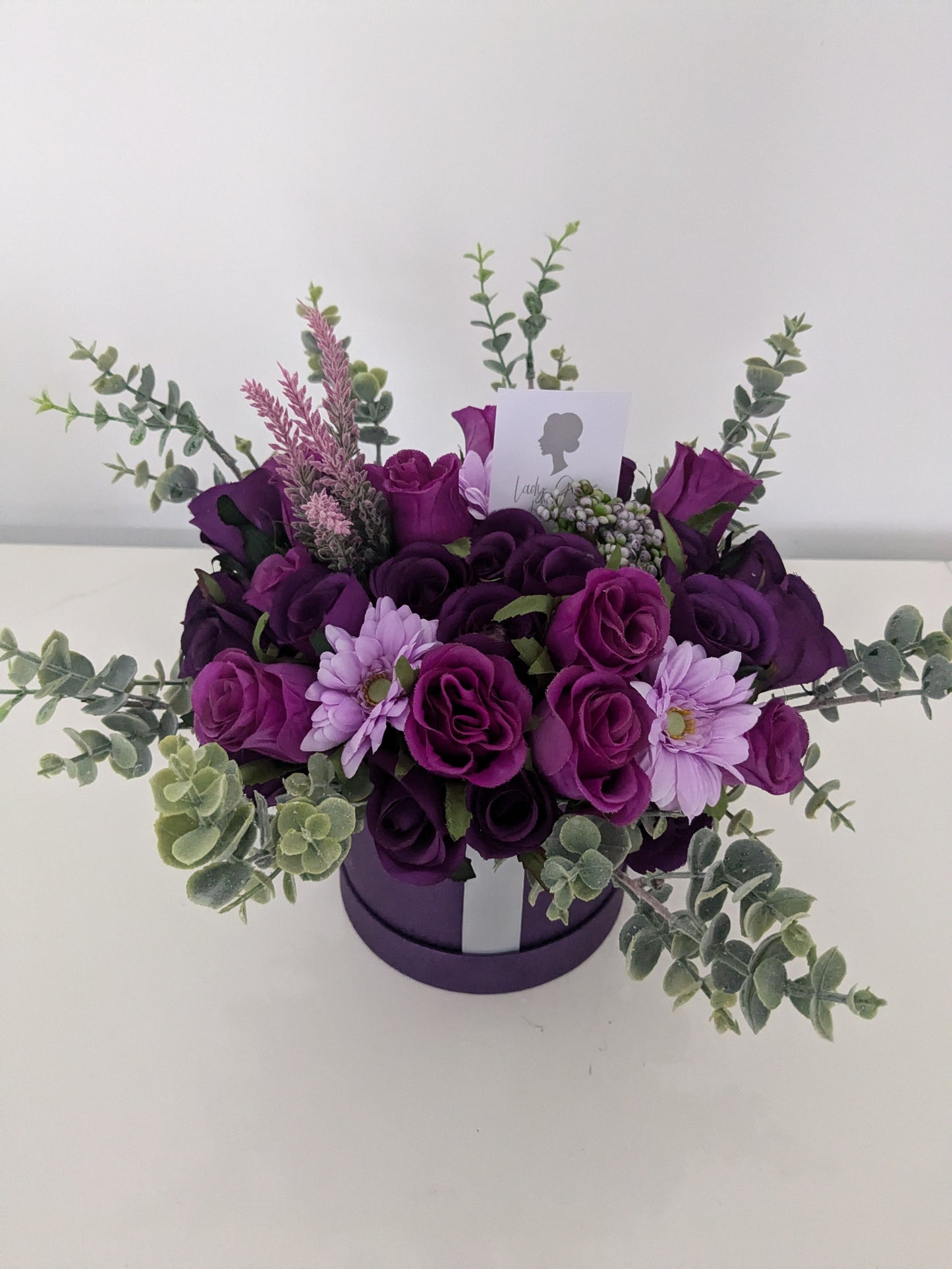 Dark Purple Stunning Silk Flowers Hat Box