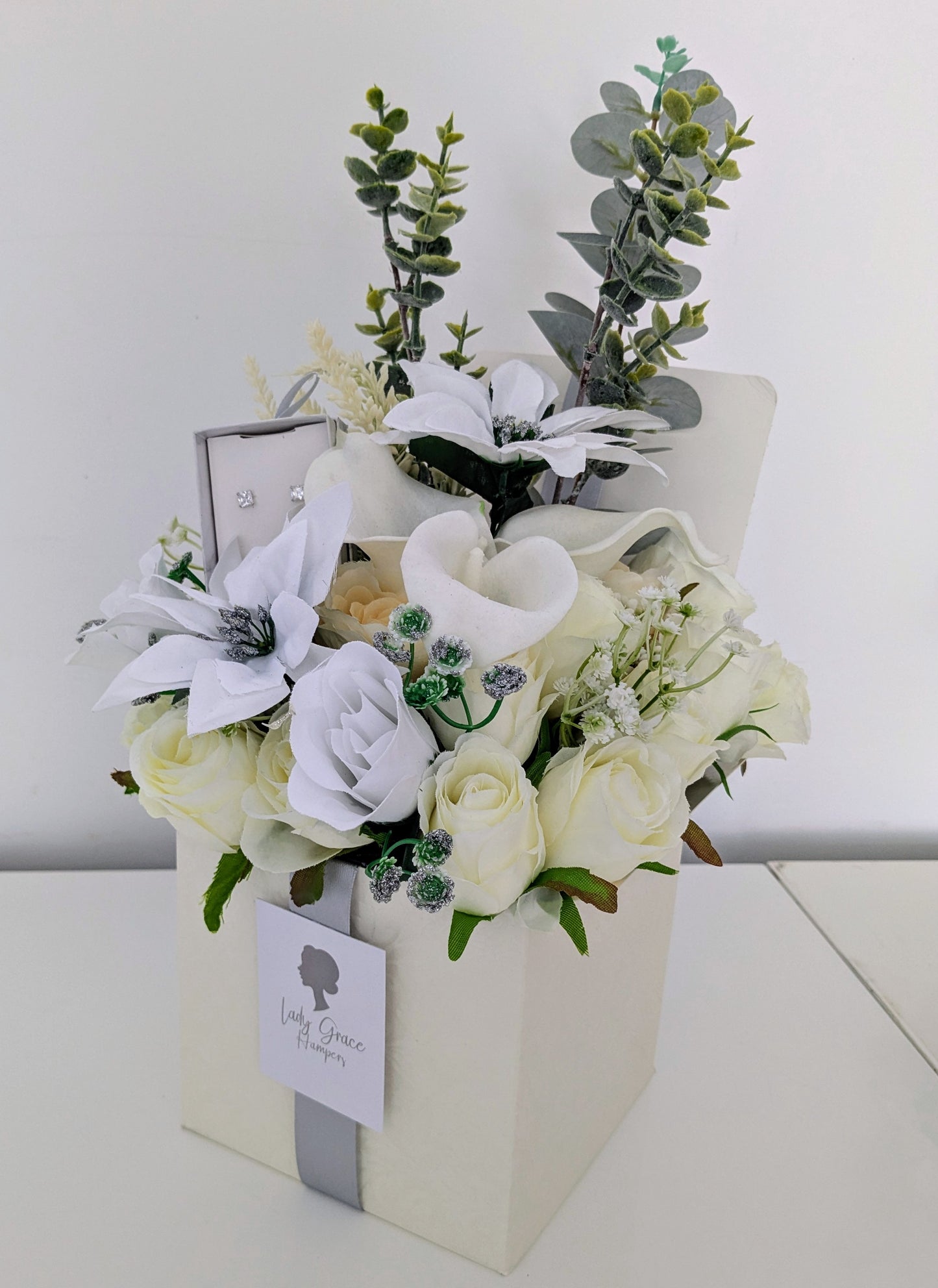 Winter White Earrings Box of Joy Silk Flowers Gift Hamper