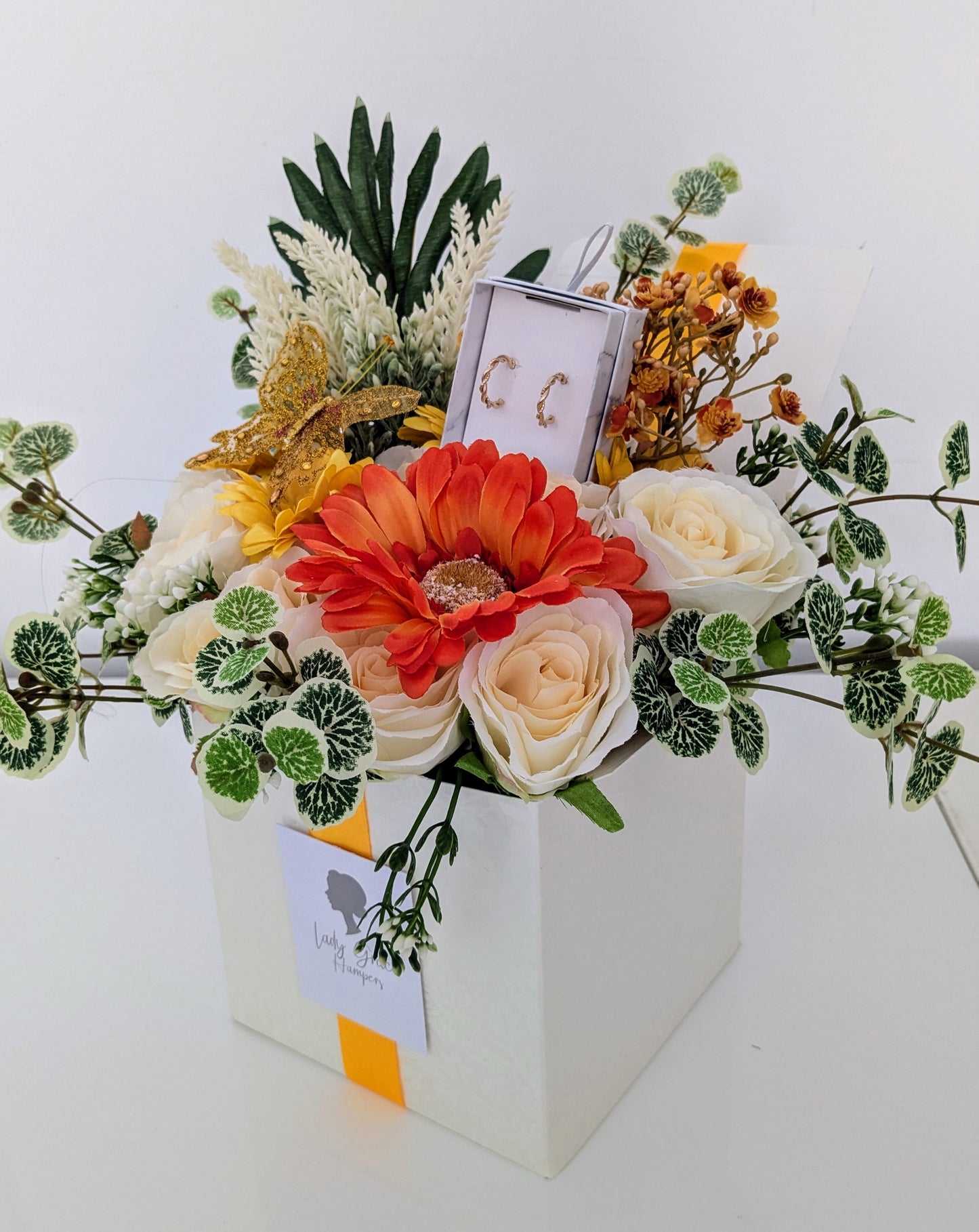 Orange Butterfly Earrings Box of Joy Silk Flowers Gift Hamper