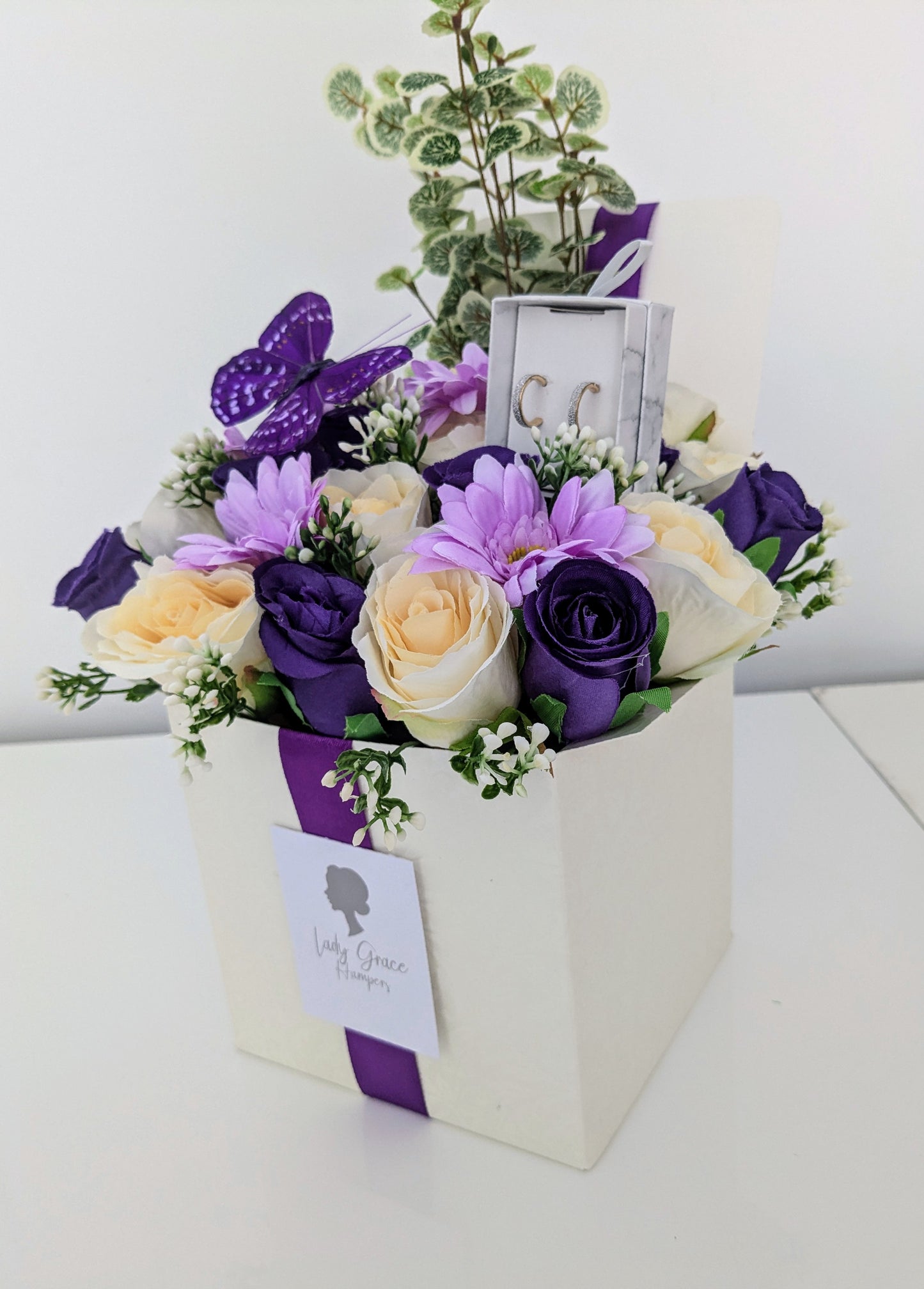 Purple Butterfly Earrings Box of Joy Silk Flowers Gift Hamper