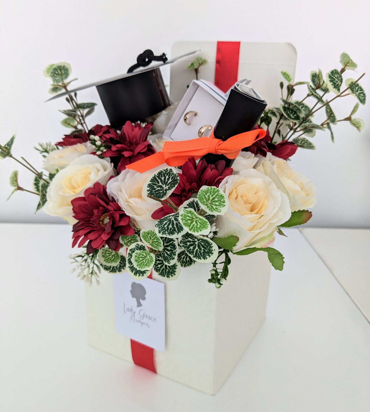 Graduation Red Earrings Box of Joy Silk Flowers Gift Hamper