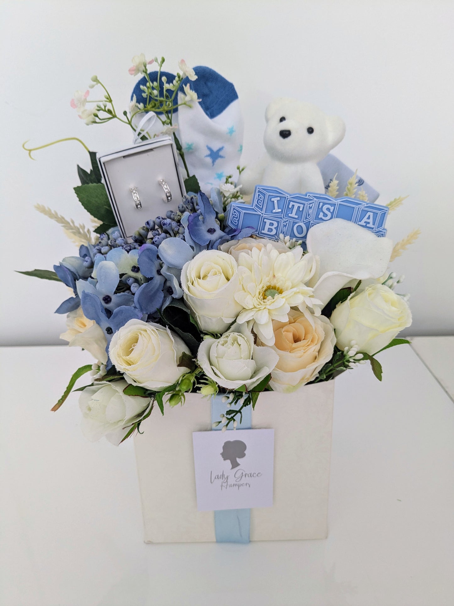 Baby Boy Earrings Box of Joy Silk Flowers Gift Hamper