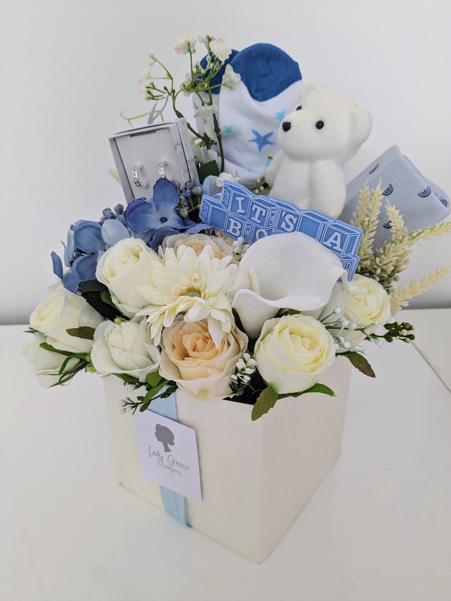Baby Boy Earrings Box of Joy Silk Flowers Gift Hamper