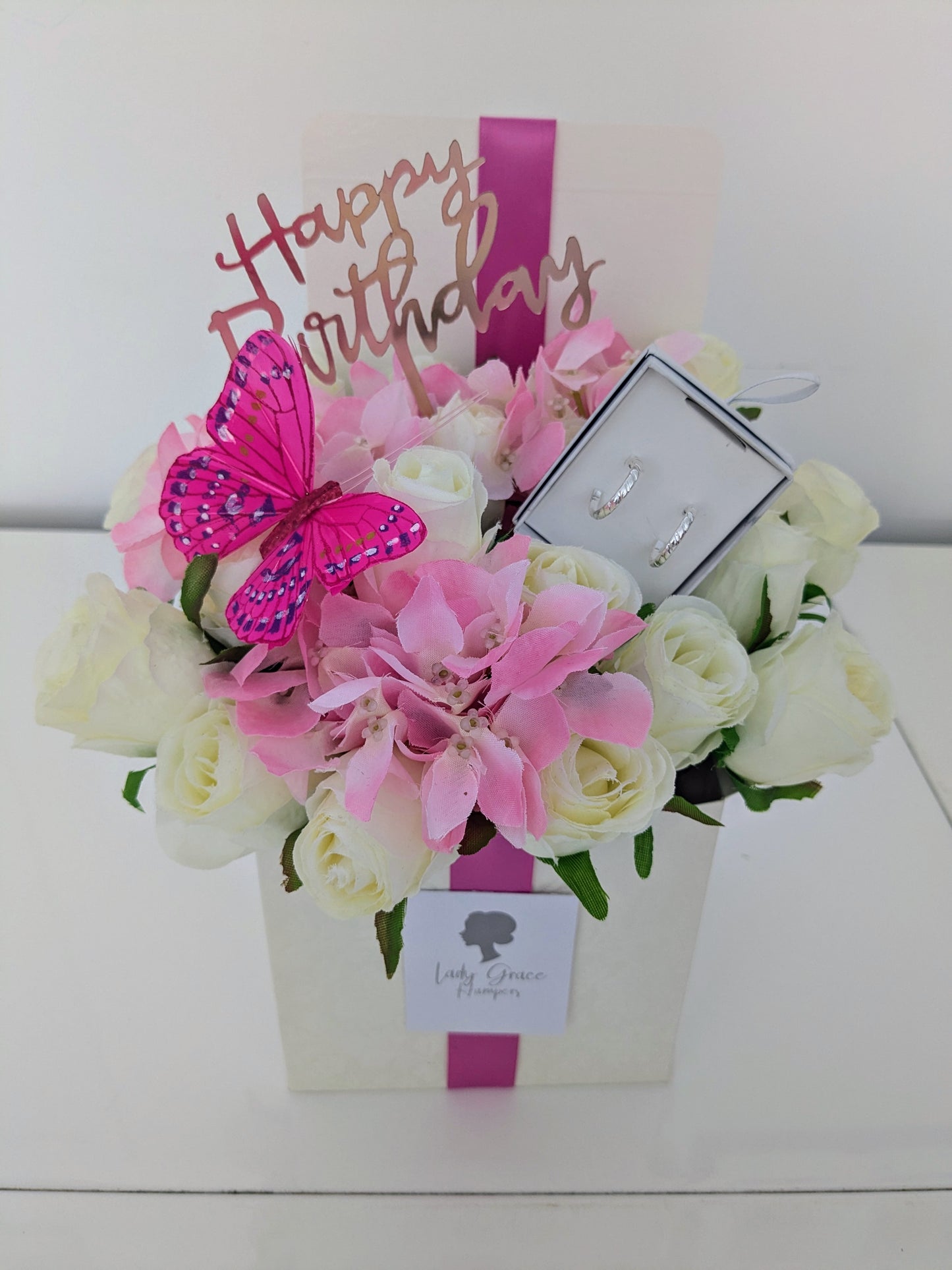 Birthday Pink Butterfly Box of Joy Silk Flowers Earrings Gift Hamper