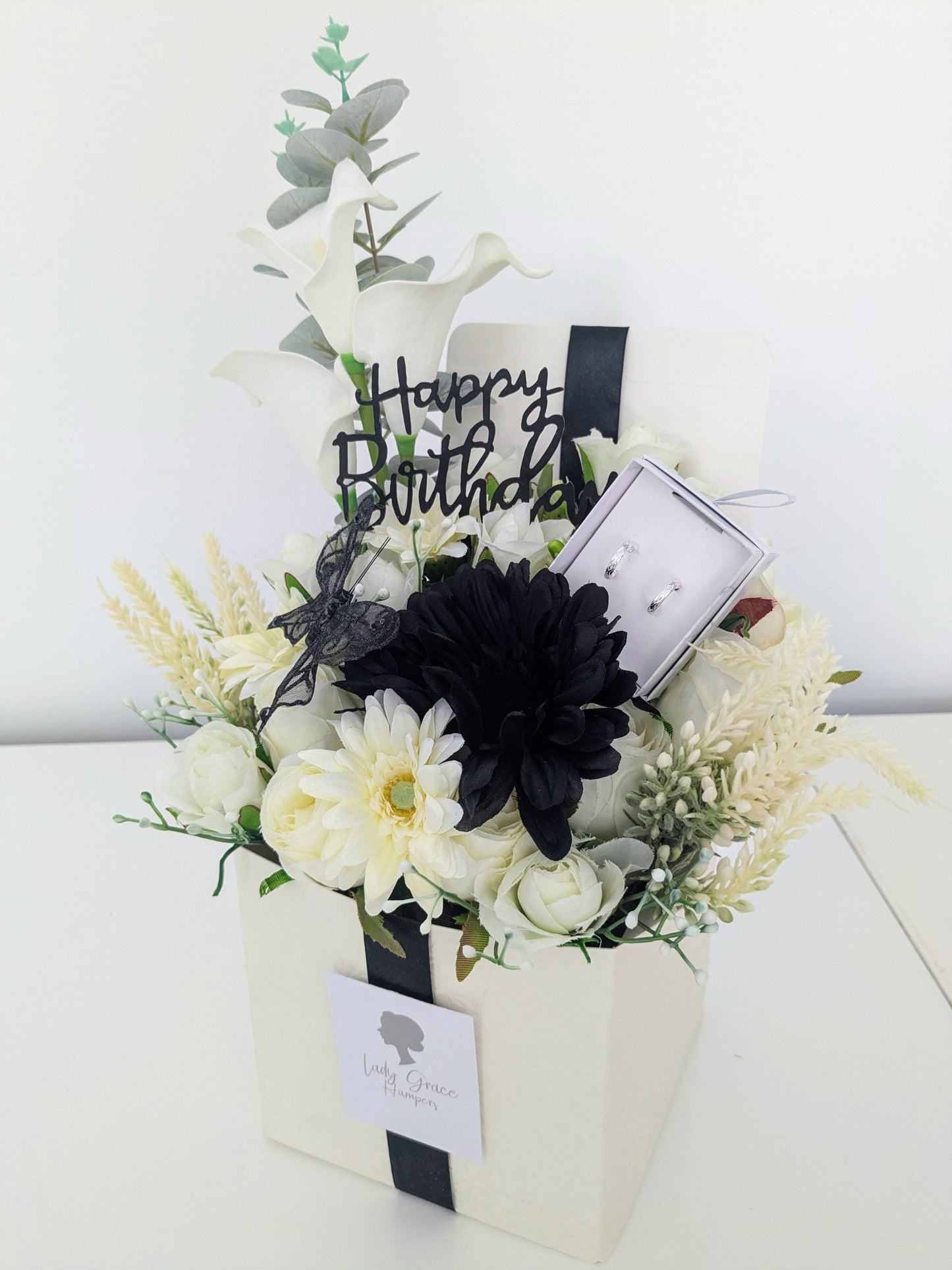 Birthday Black Box of Joy Silk Flowers Earrings Gift Hamper
