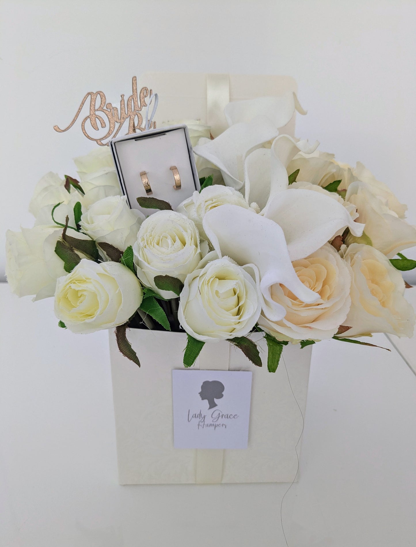 Bride to Be Cream Candle Box of Joy Silk Flowers Earrings Gift Hamper