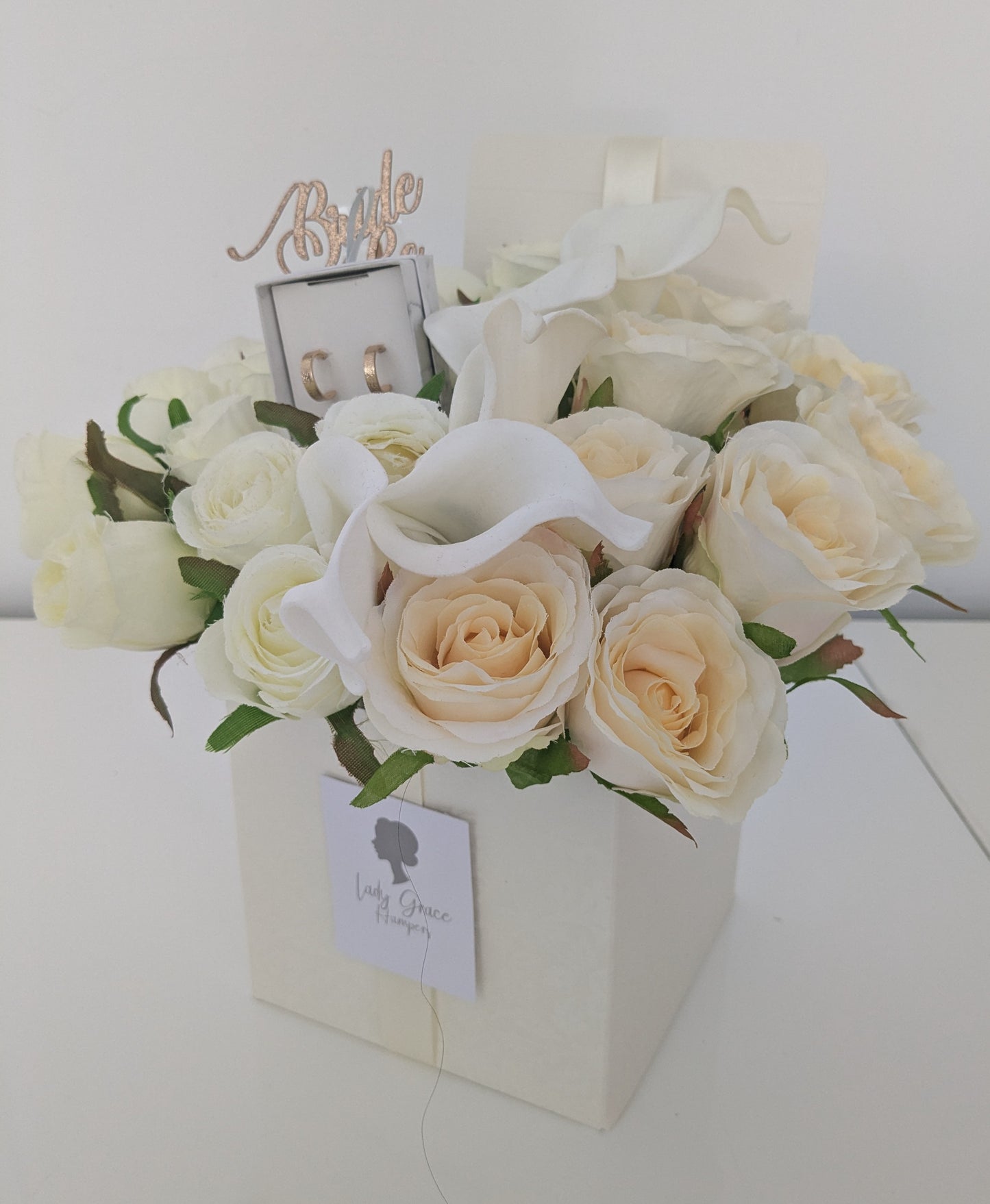 Bride to Be Cream Candle Box of Joy Silk Flowers Earrings Gift Hamper