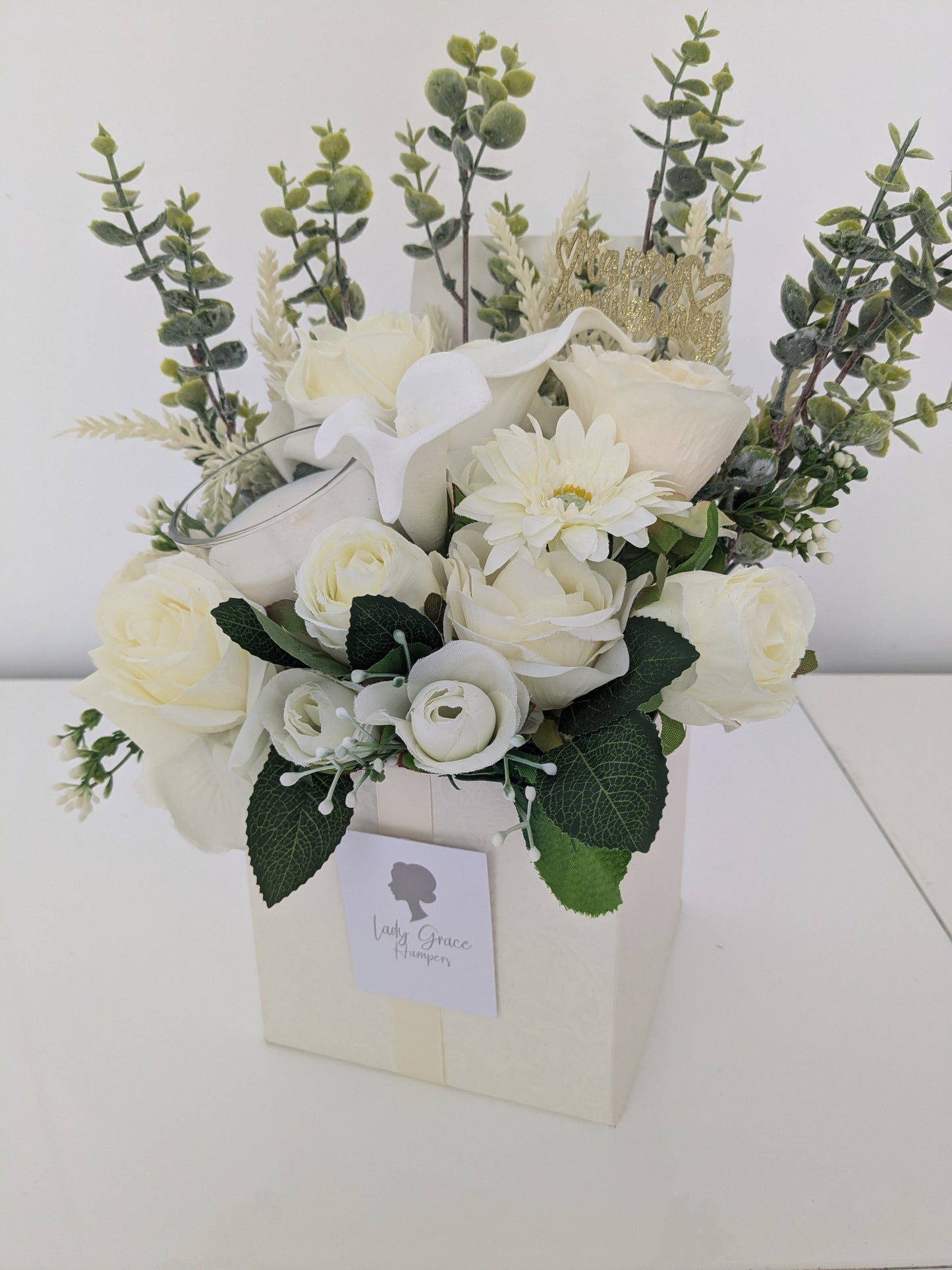 Anniversary Cream Candle Box of Joy Silk Flowers Earrings Gift Hamper