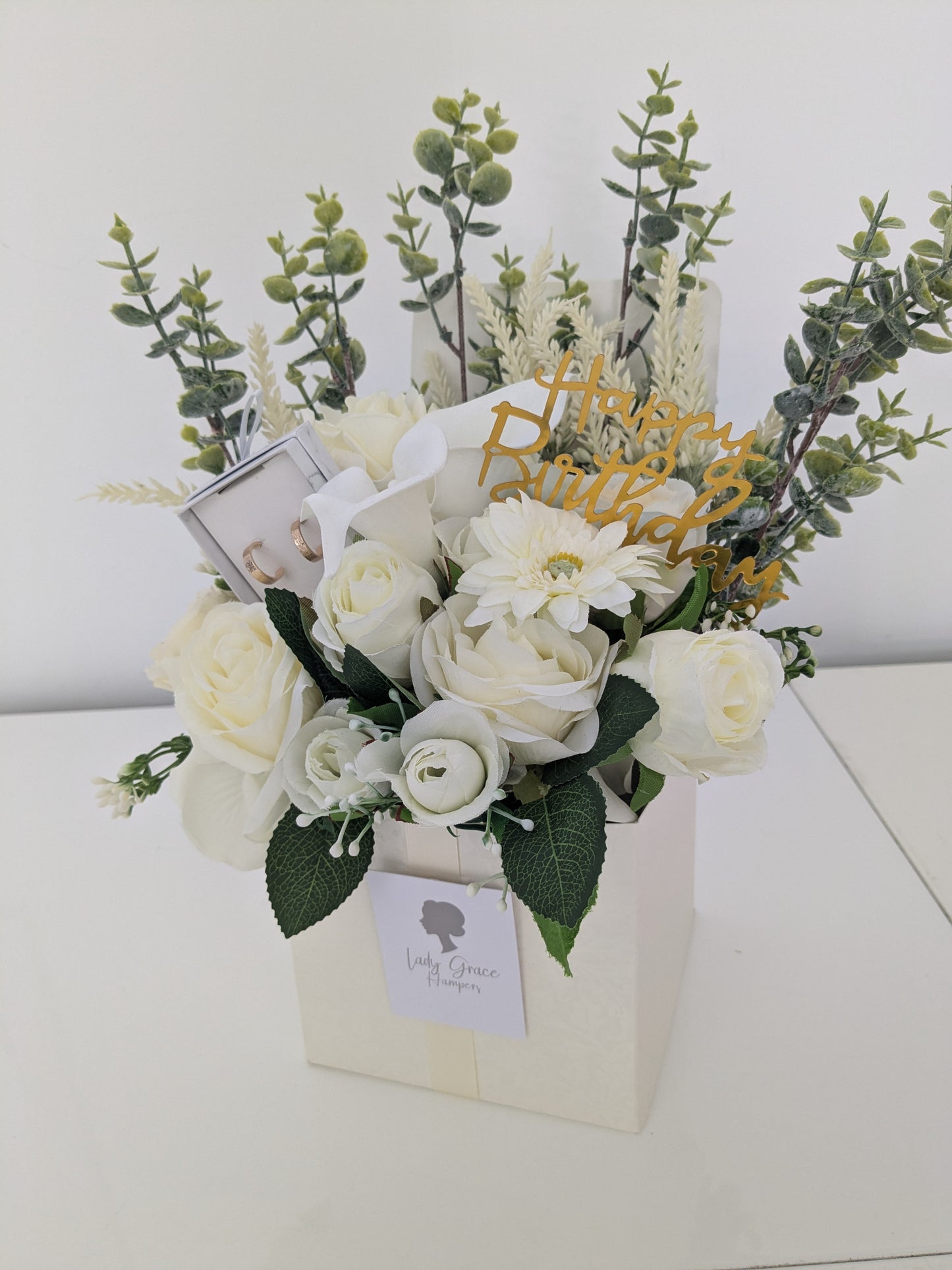 Birthday Cream Box of Joy Silk Flowers Earrings Gift Hamper