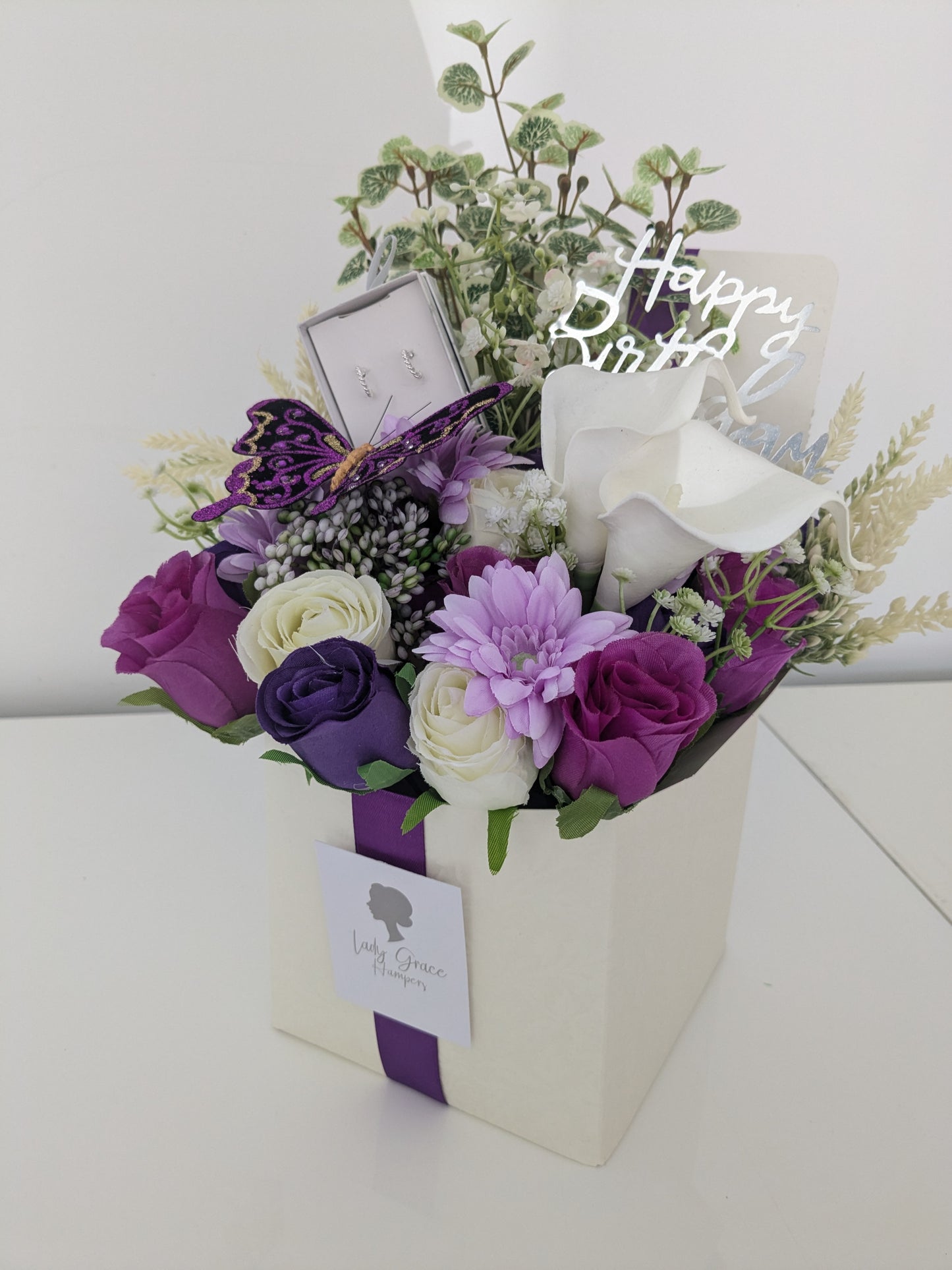 Birthday Purple Butterfly Earrings Box of Joy Silk Flowers Earrings Gift Hamper