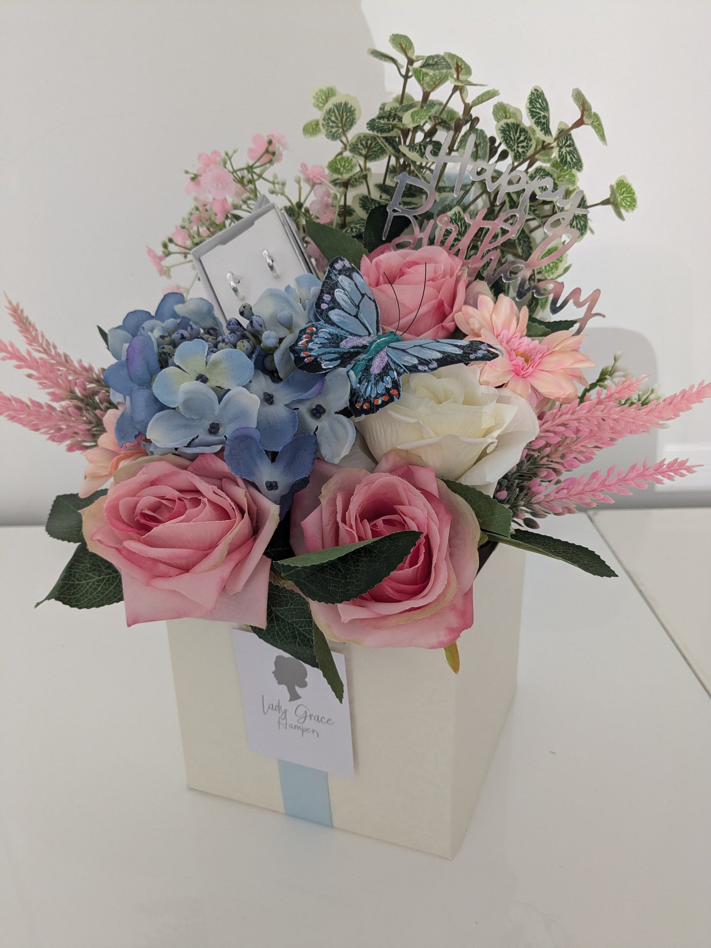 Birthday Blue and Pink Earrings Box of Joy Silk Flowers Earrings Gift Hamper