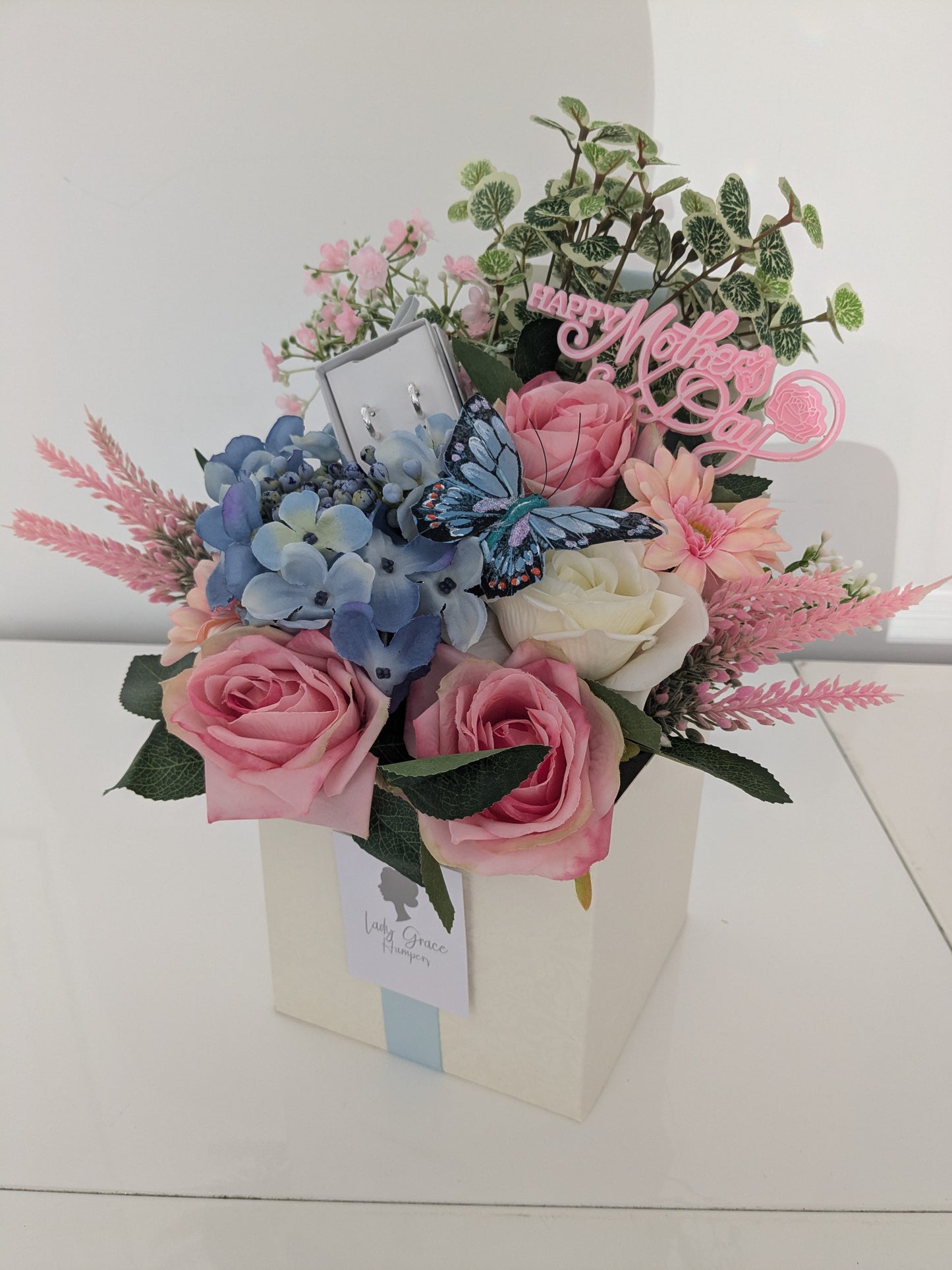 Mother's Day Blue and Pink Earrings Box of Joy Silk Flowers Earrings Gift Hamper