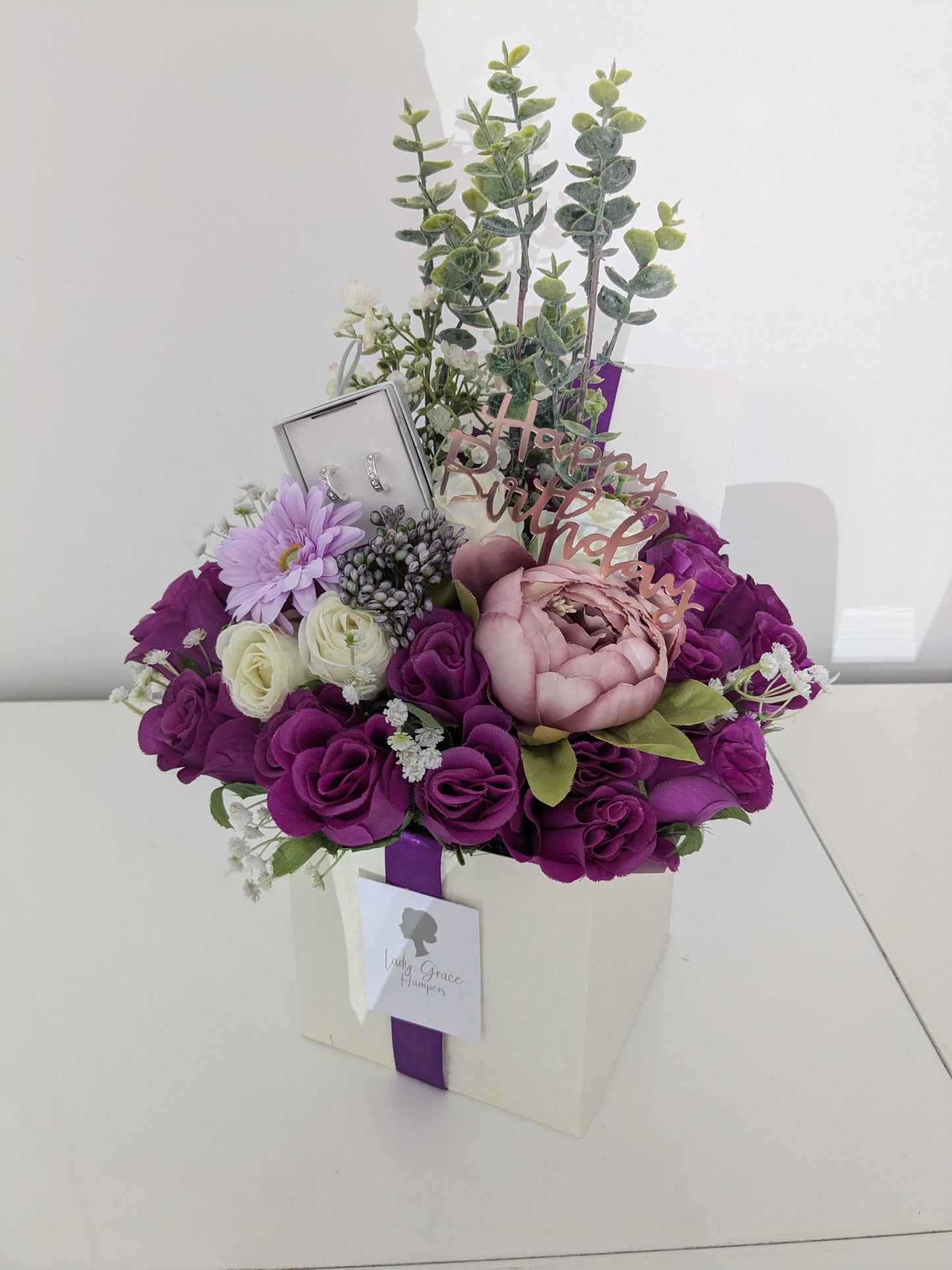 Birthday Purple Peony Earrings Box of Joy Silk Flowers Earrings Gift Hamper