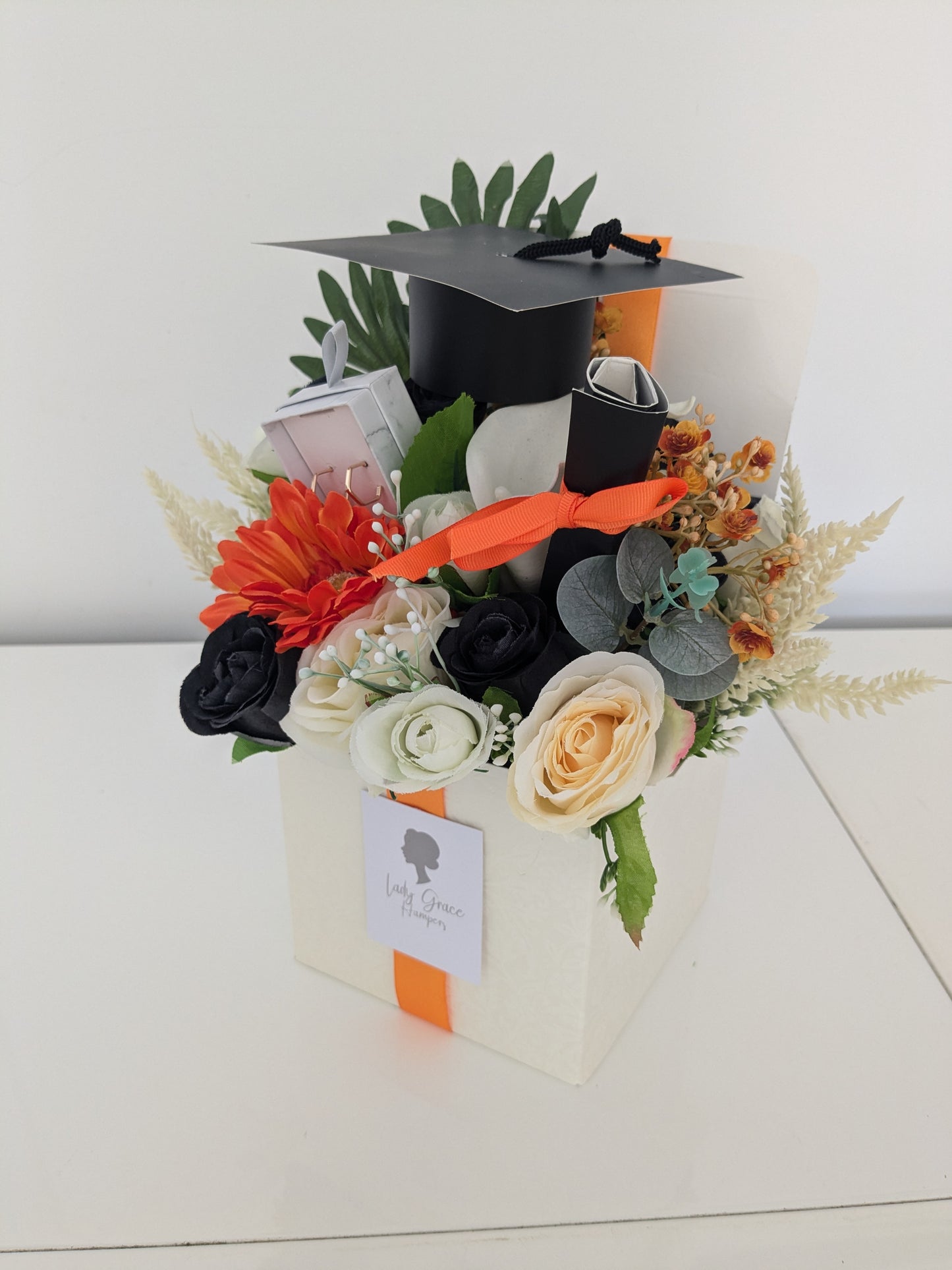 Graduation Orange Earrings Box of Joy Silk Flowers Earrings Gift Hamper