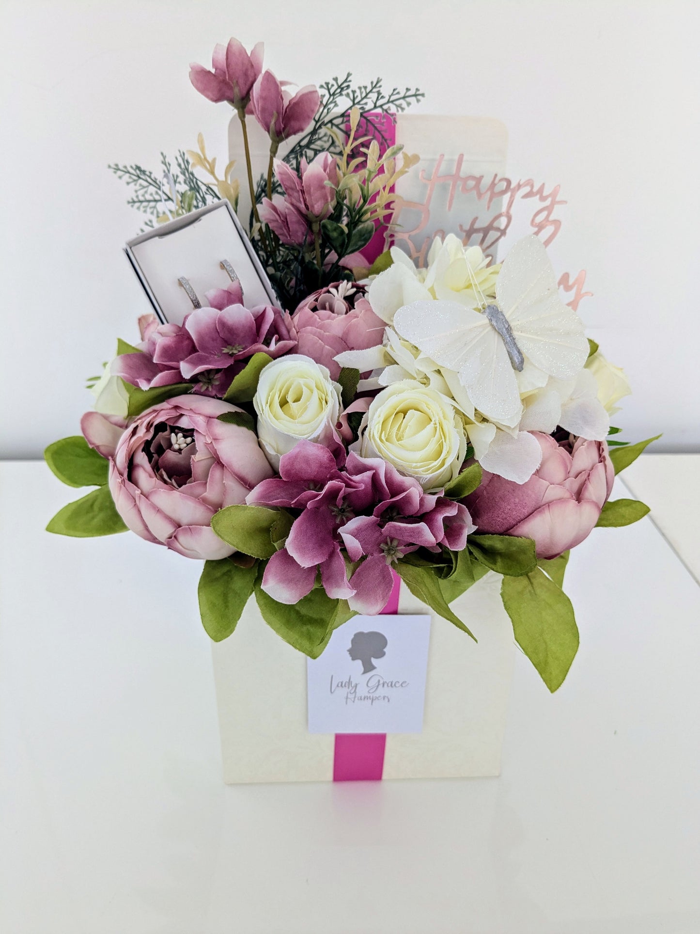 Birthday Mauve Earrings Box of Joy Silk Flowers Earrings Gift Hamper