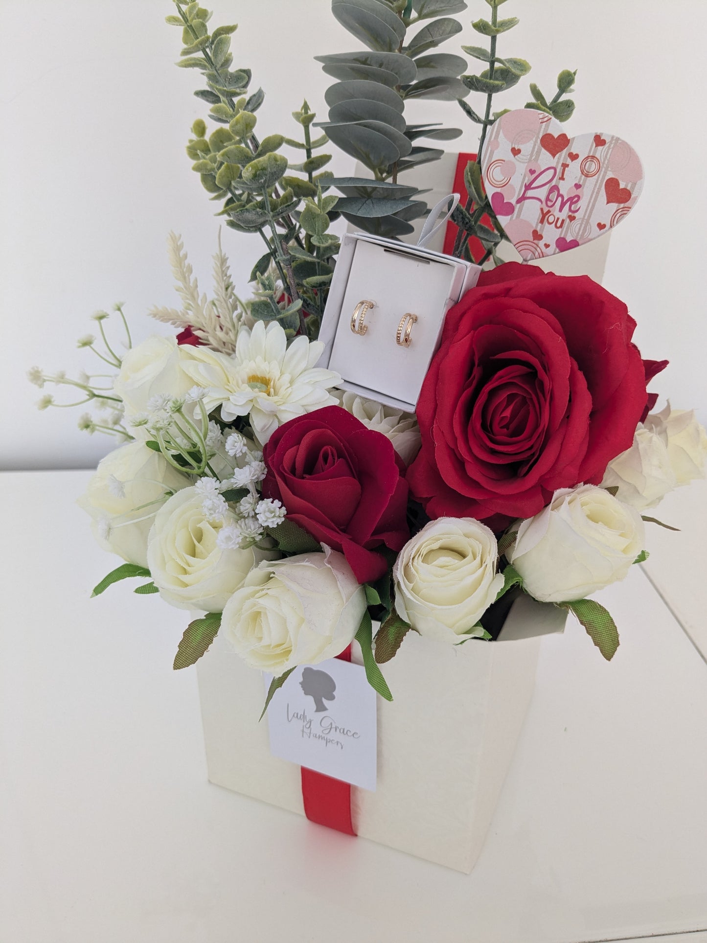 I Love You Red Earrings Box of Joy Silk Flowers Earrings Gift Hamper