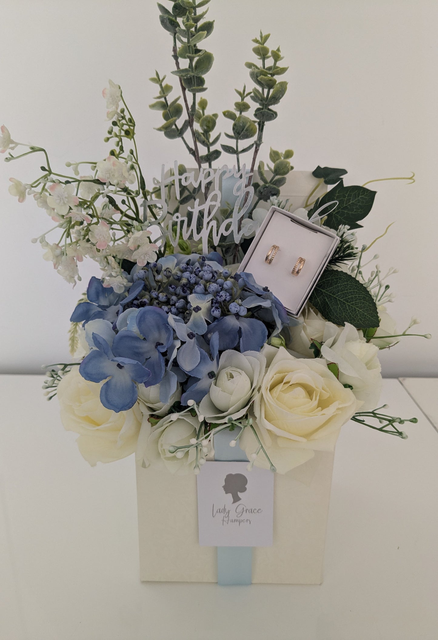 Birthday Blue Box of Joy Silk Flowers Earrings Gift Hamper