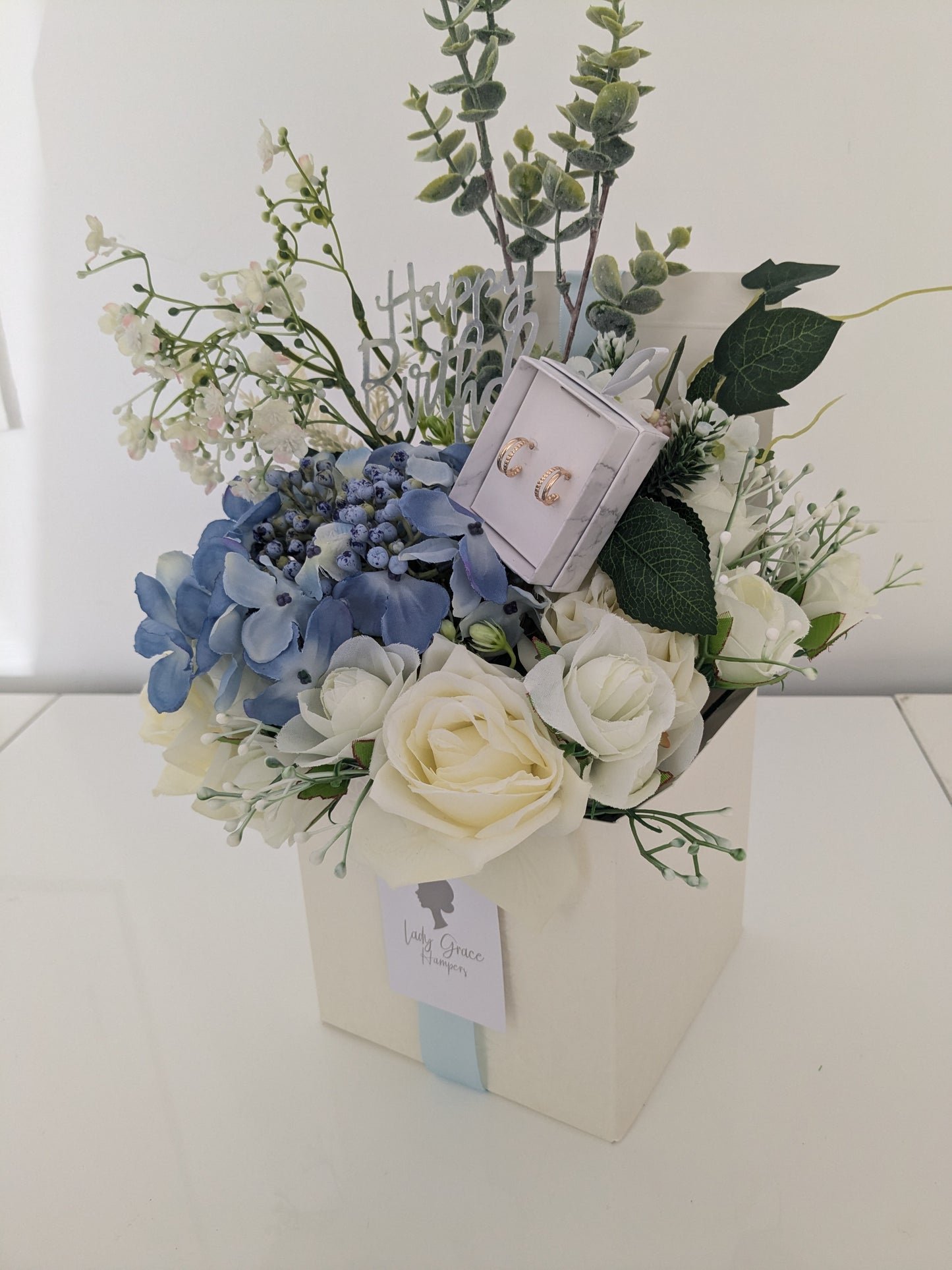 Birthday Blue Box of Joy Silk Flowers Earrings Gift Hamper