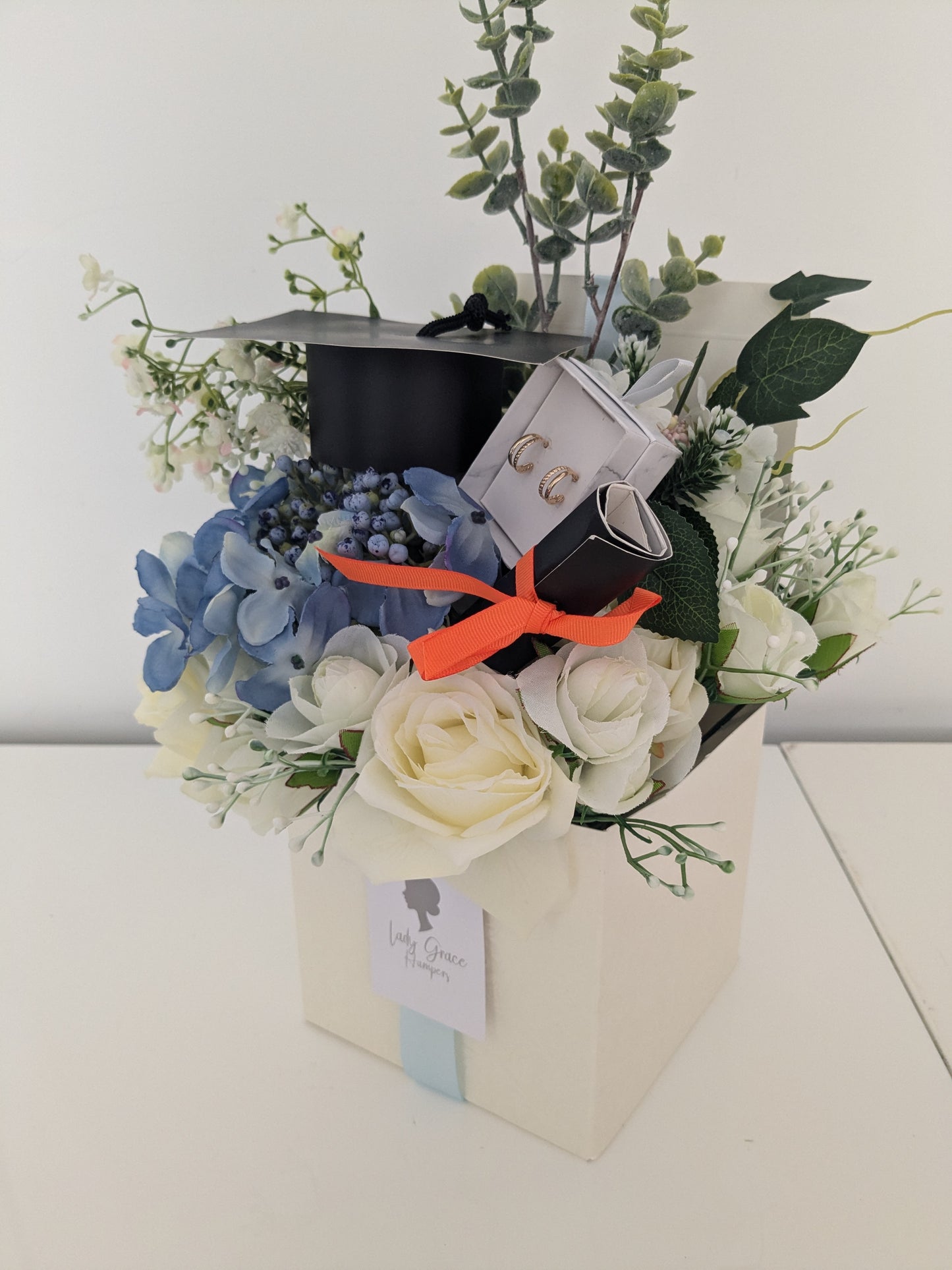 Graduation Blue Box of Joy Silk Flowers Earrings Gift Hamper