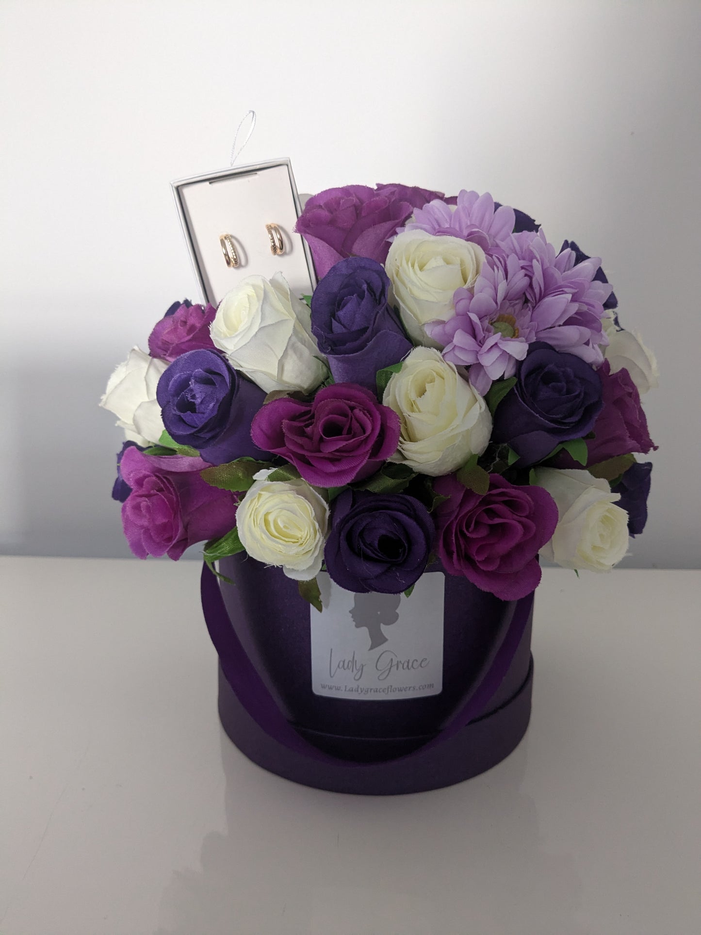 Purple Hat Box of Joy Earrings Silk Flowers Gift