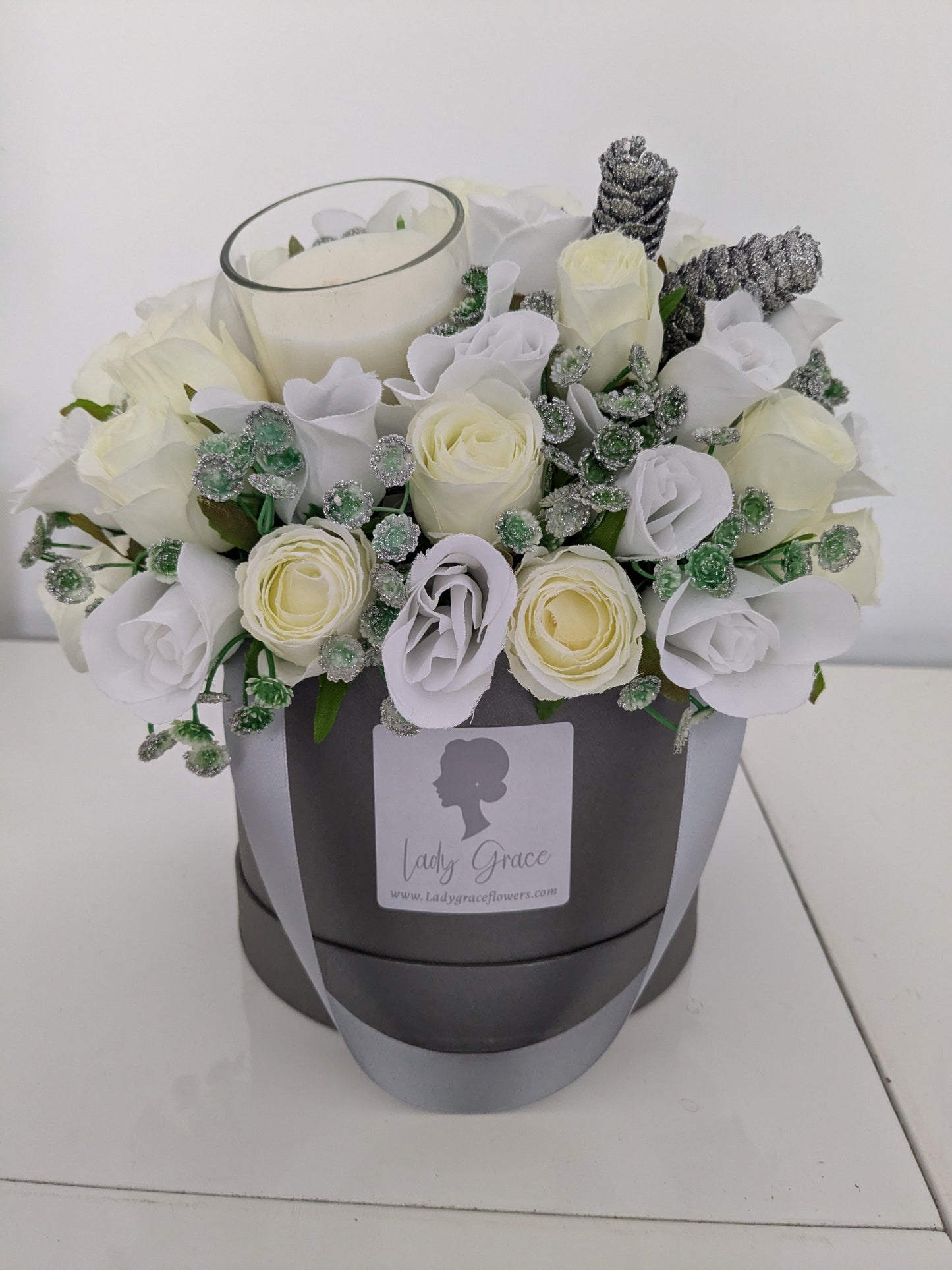 Silver & Cream Hat Box of Joy Candle Silk Flowers Gift