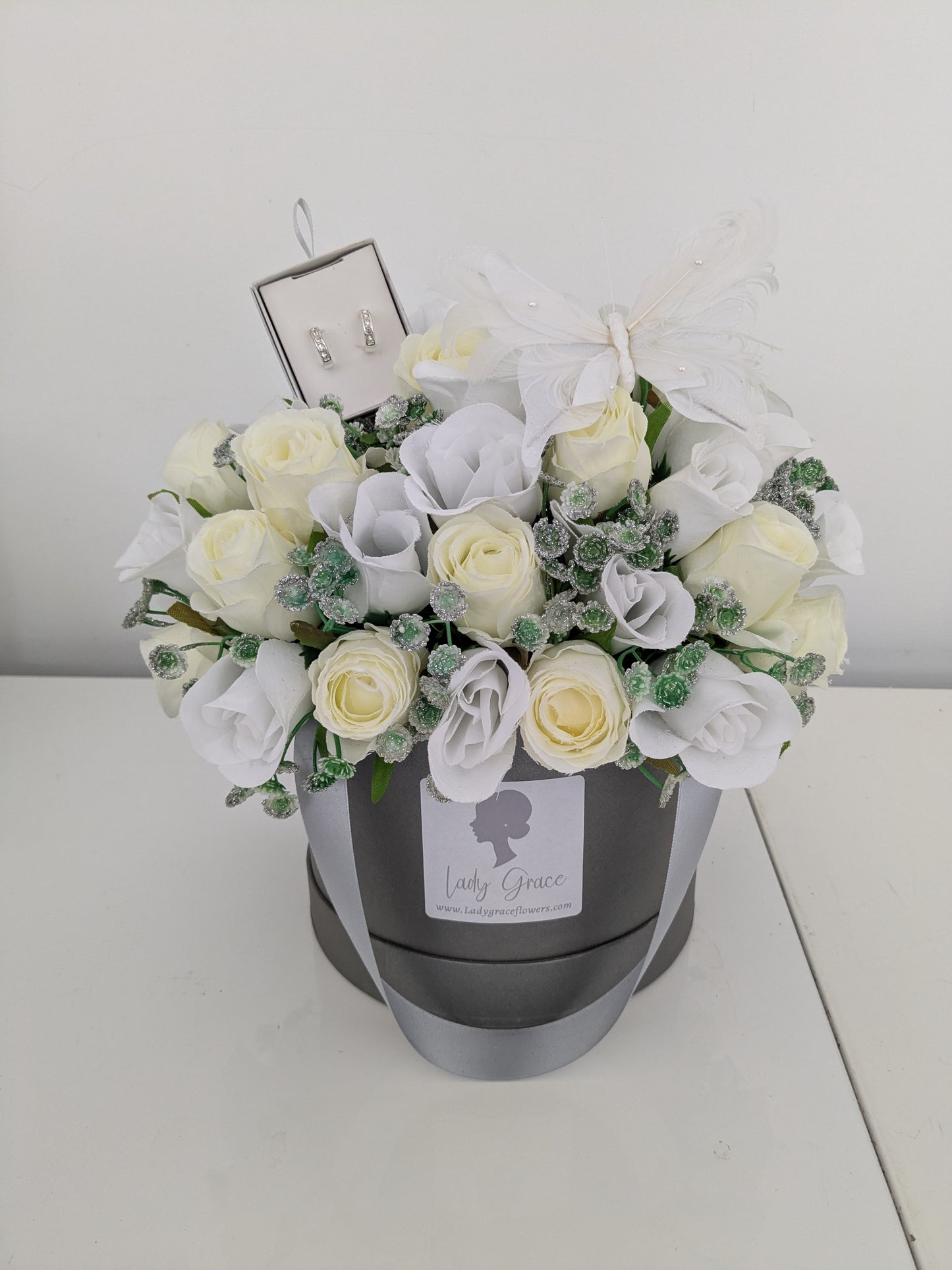 Winter White Hat Box of Joy Earrings Silk Flowers Gift