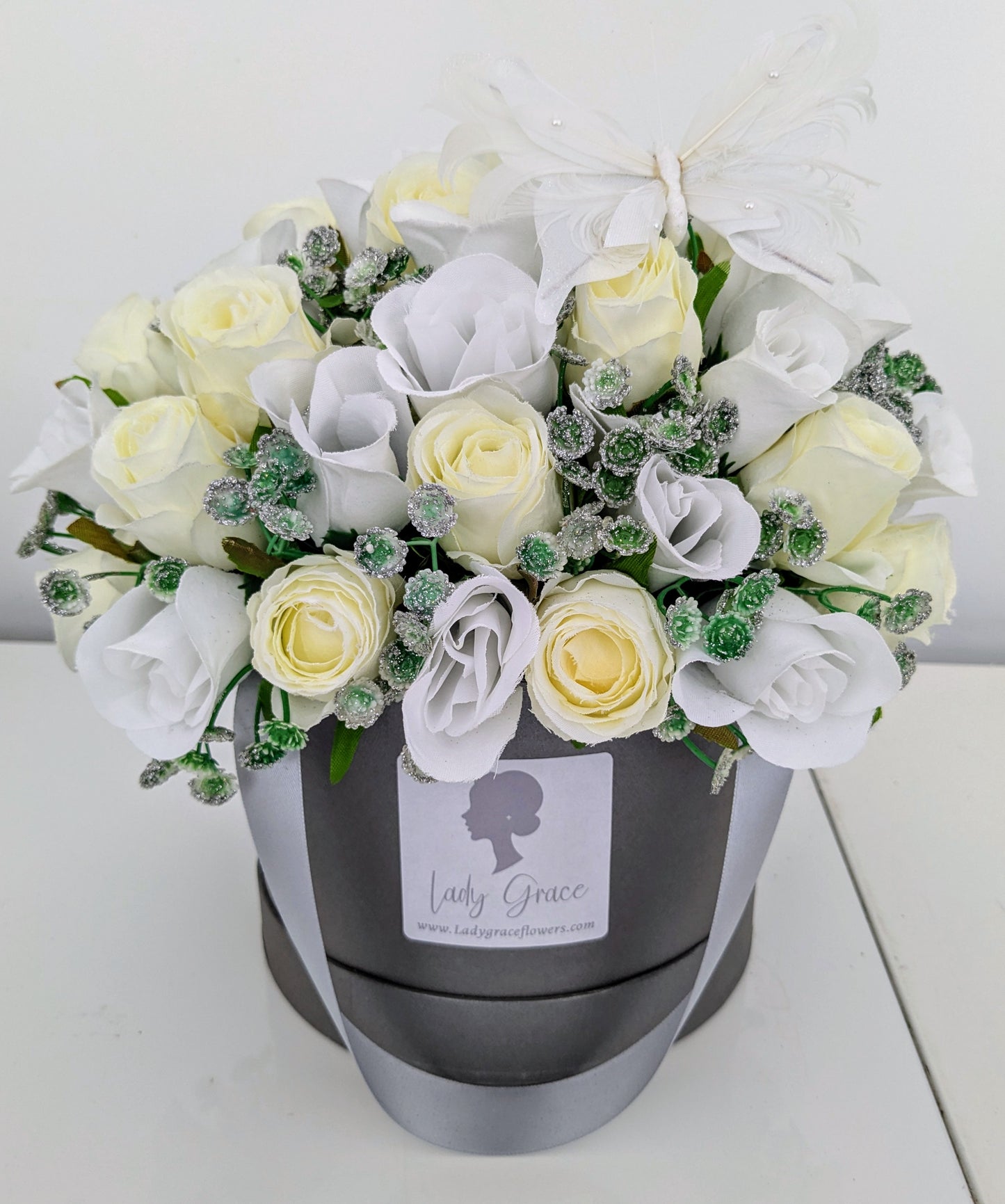 White & Silver Hat Box of Joy Silk Flowers Gift