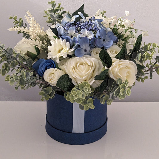 Blue & Cream Stunning Silk Flowers Hat Box
