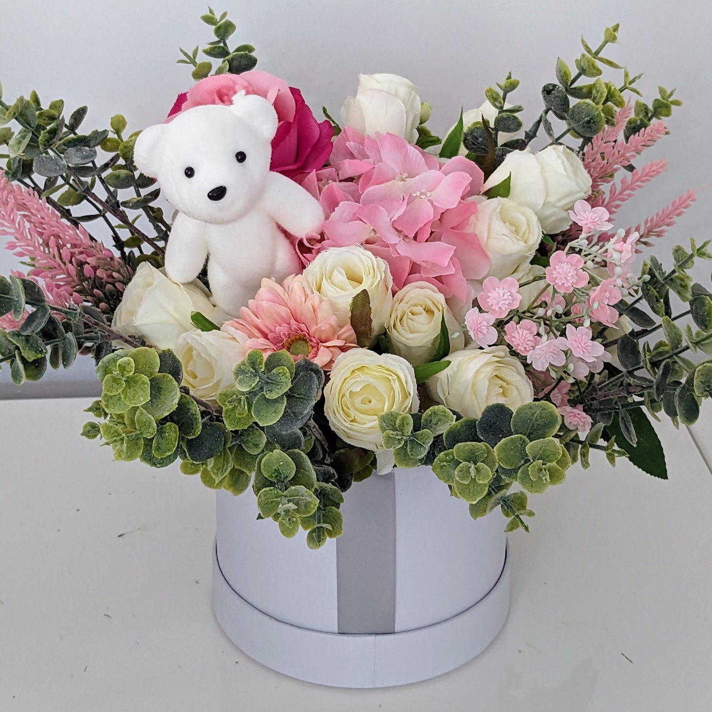 Baby Girl Silver & Pink Stunning Silk Flowers Hat Box