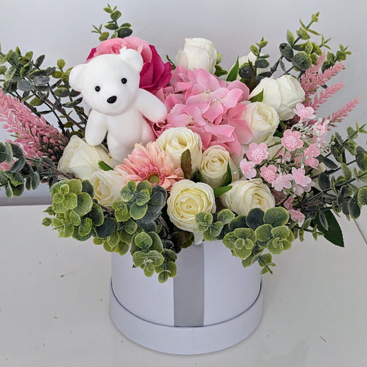 Baby Girl Silver & Pink Stunning Silk Flowers Hat Box