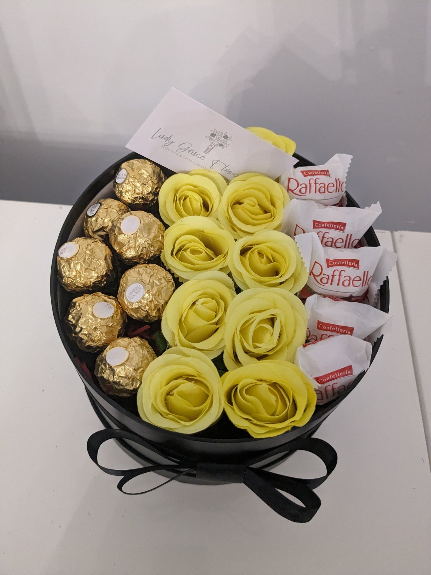 Black and Yellow Ferrero & Raffaello Hat Box Silk Flowers Gift - Large