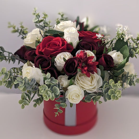 Red & Cream Stunning Silk Flowers Hat Box