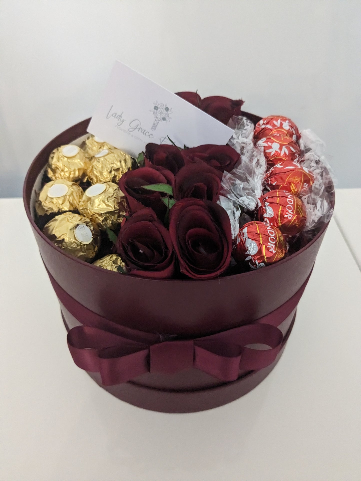 Burgundy Ferrero & Lindt Hat Box Silk Flowers Gift - Medium