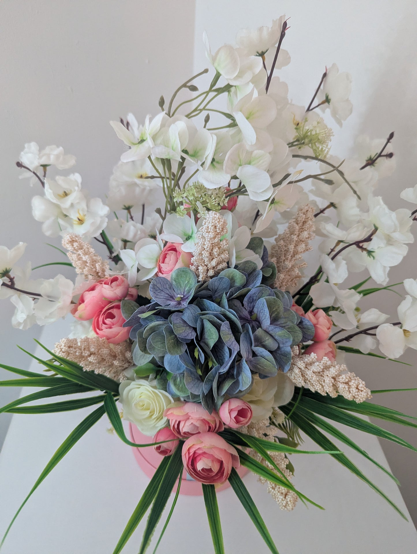 Blue/Pink Silk Flowers Hat Box