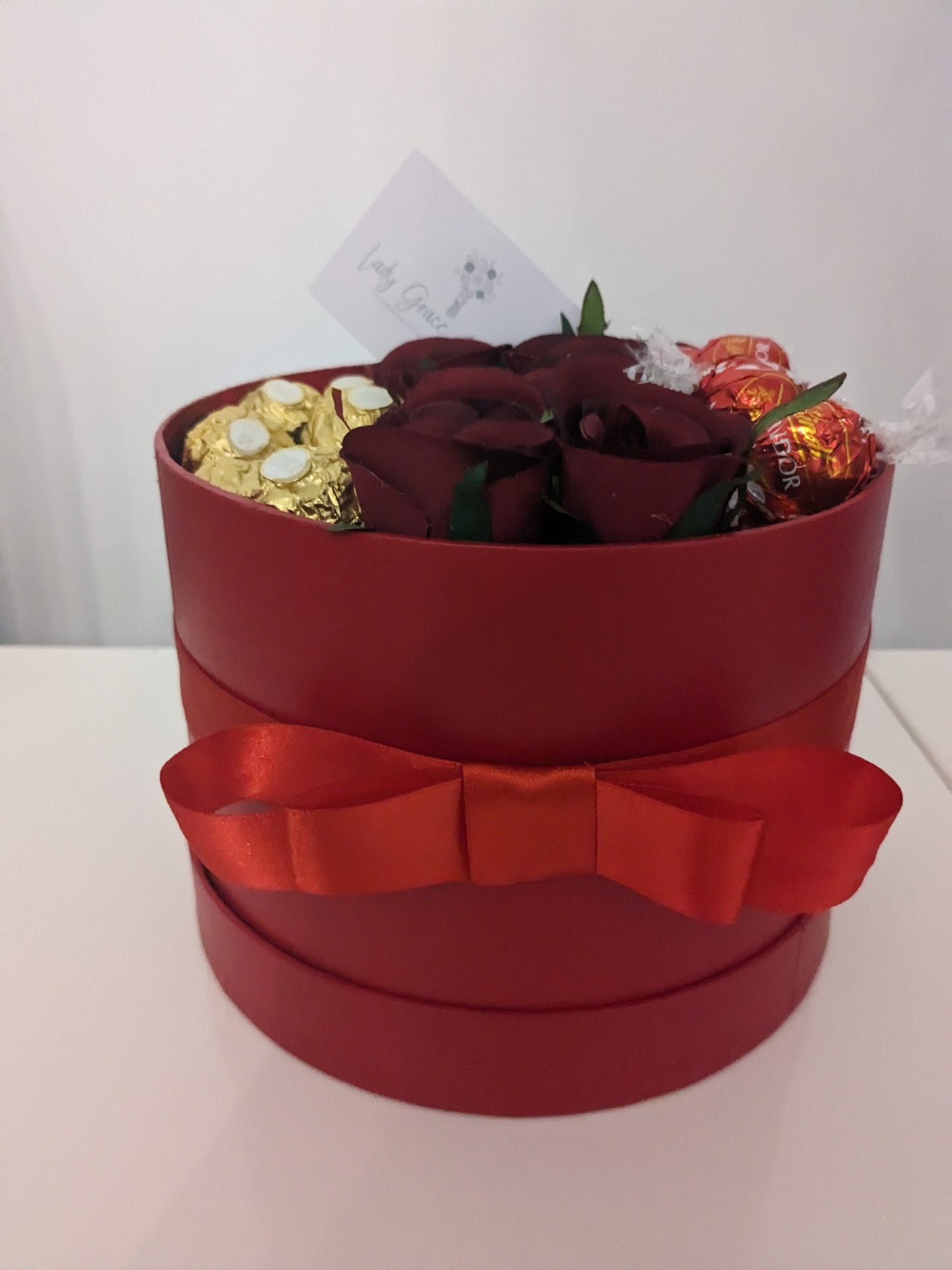 Red Ferrero & Lindt Hat Box Silk Flowers Gift - Medium
