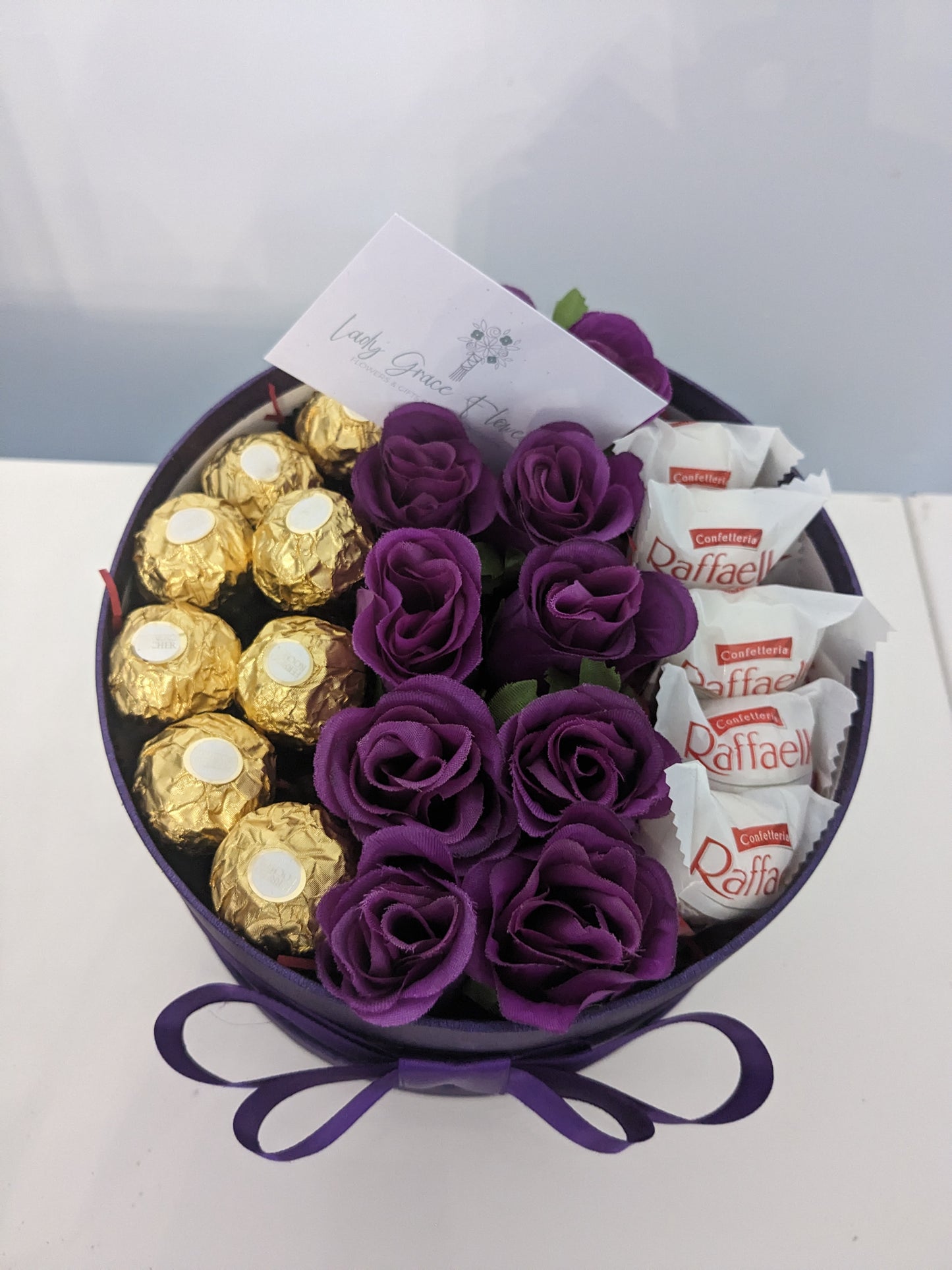 Purple Ferrero & Rafaello Hat Box Silk Flowers Gift - Medium