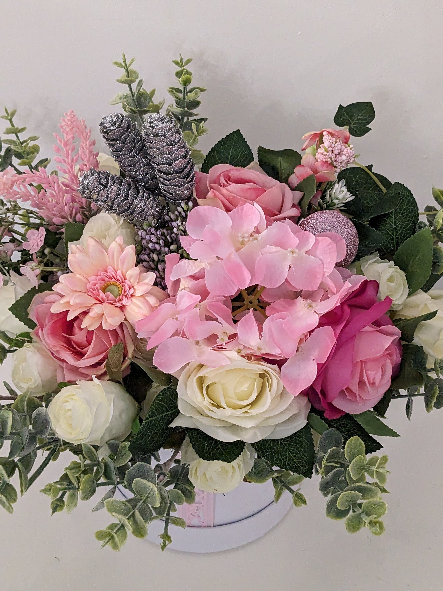 Winter White & Pink Stunning Silk Flowers Hat Box