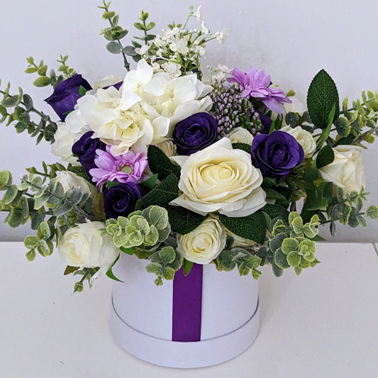 Cream & Purple Stunning Silk Flowers Hat Box