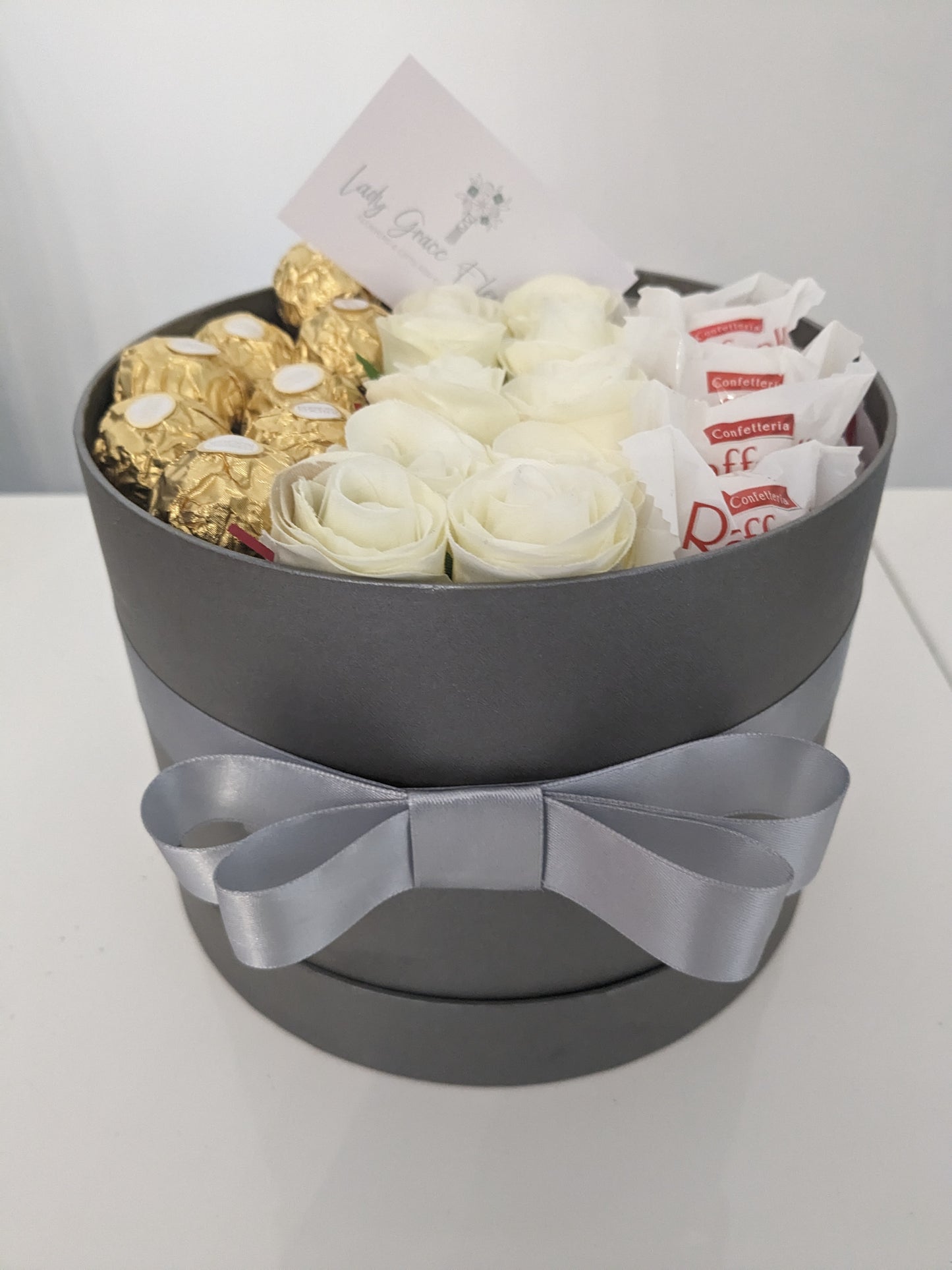 Grey Ferrero & Rafaello Hat Box Silk Flowers Gift - Medium