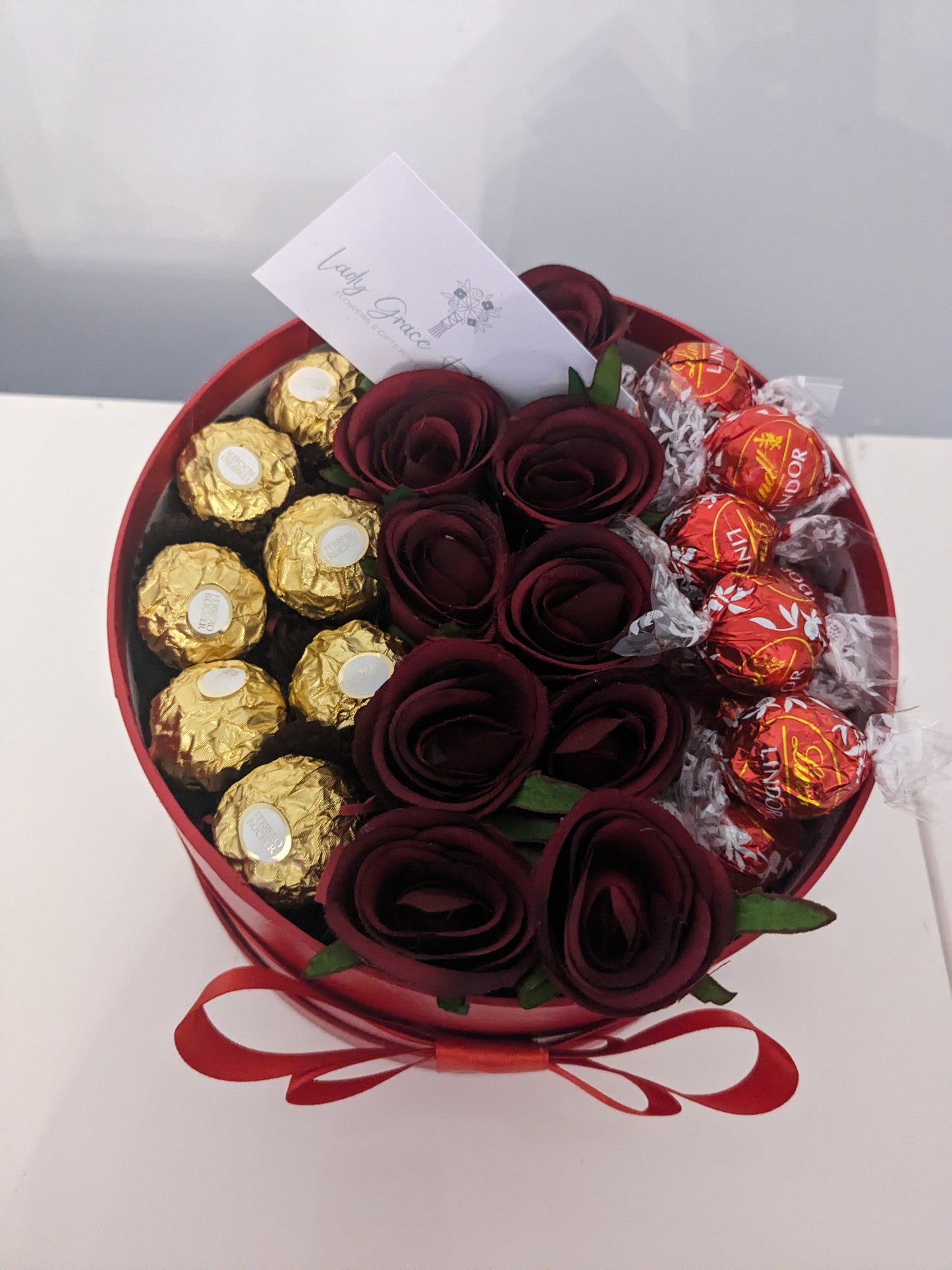 Red Ferrero & Lindt Hat Box Silk Flowers Gift - Medium