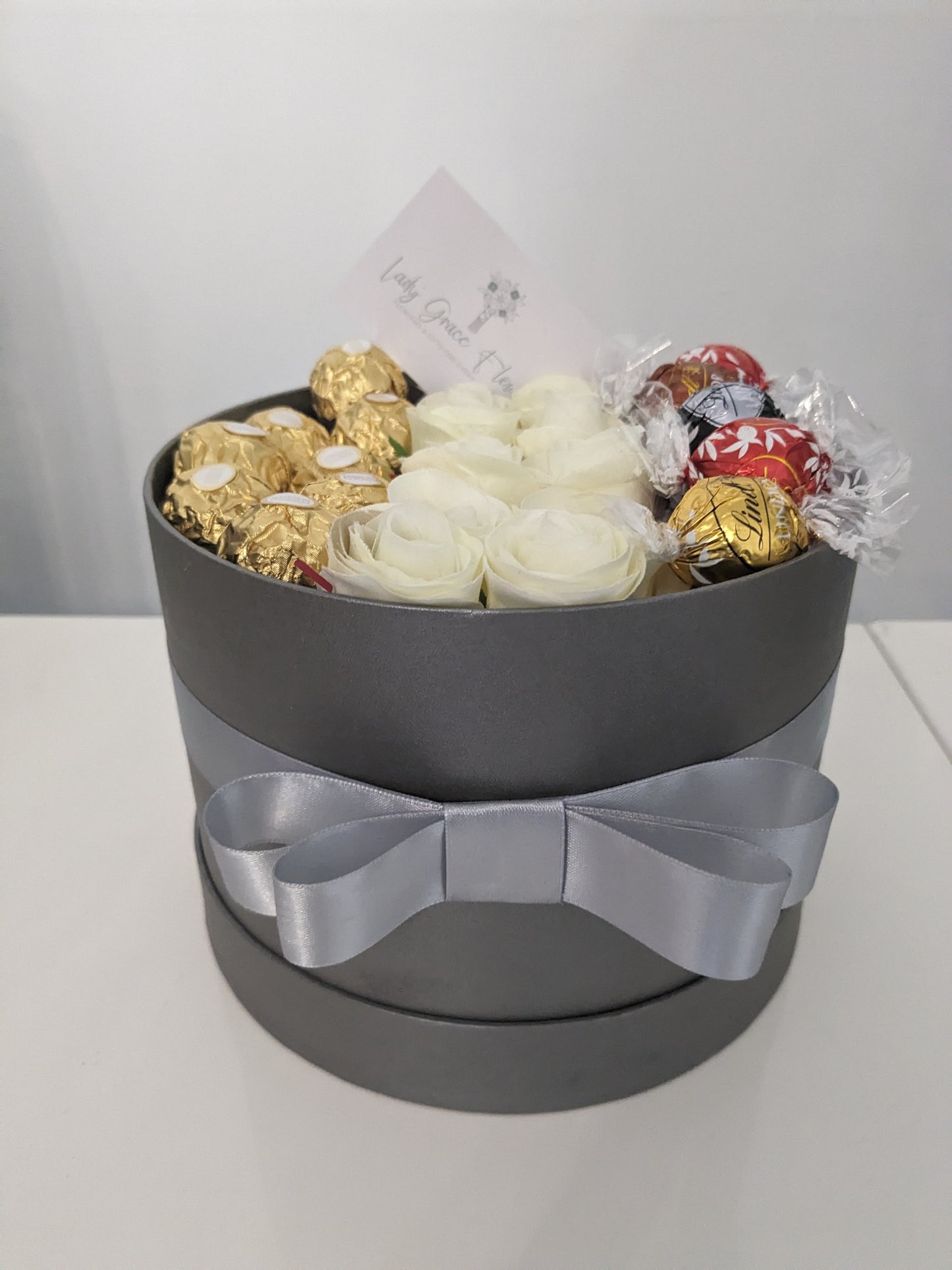 Grey Ferrero & Lindt Hat Box Silk Flowers Gift - Small