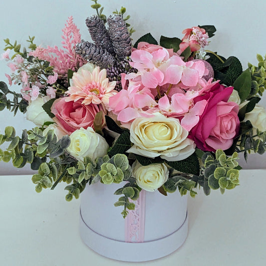 Winter White & Pink Stunning Silk Flowers Hat Box