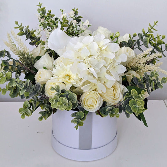 Silver & Cream Stunning Silk Flowers Hat Box