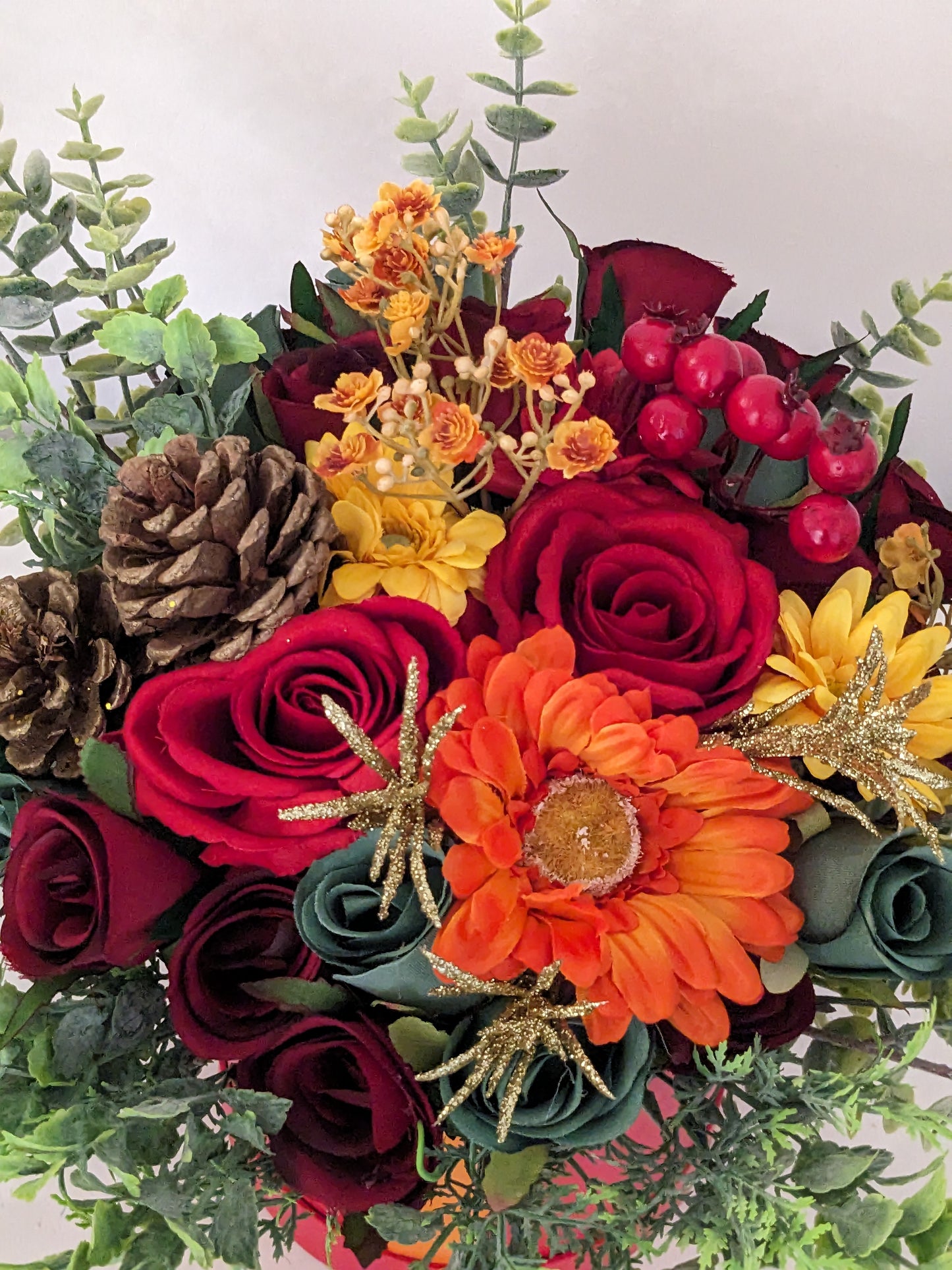 Christmas Orange & Red Stunning Silk Flowers Hat Box