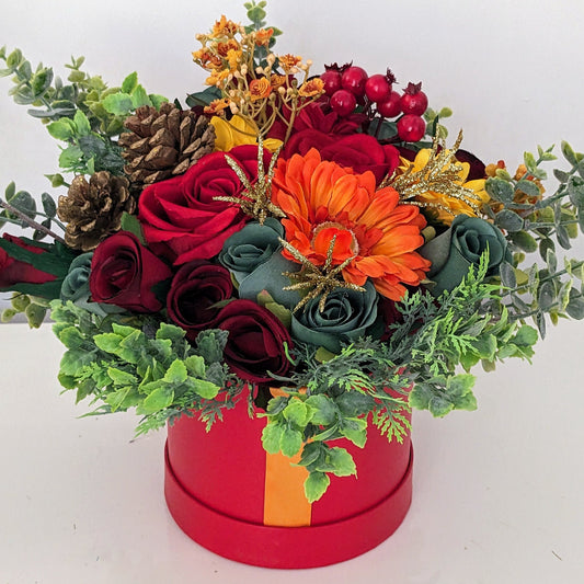 Christmas Orange & Red Stunning Silk Flowers Hat Box
