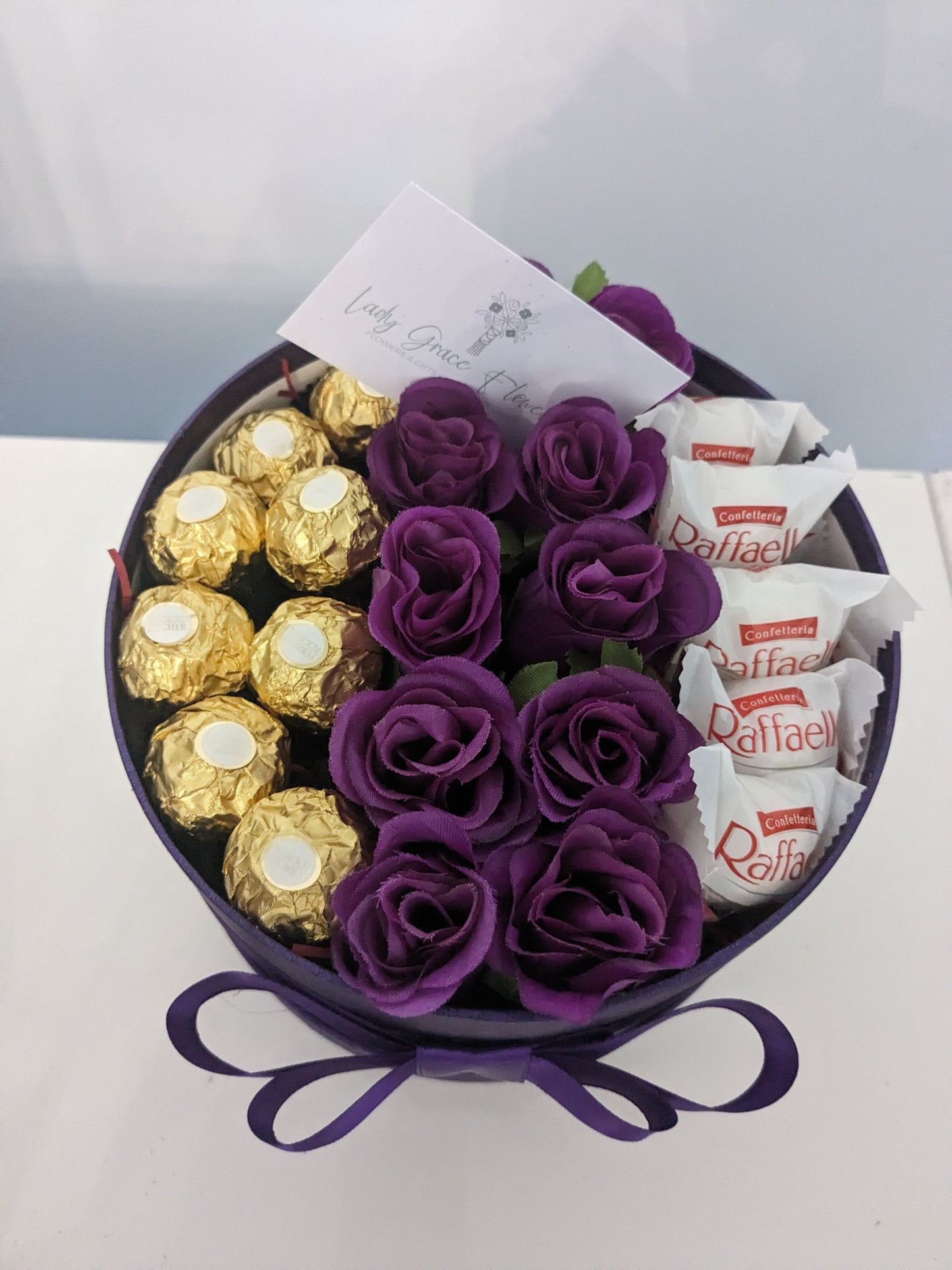 Purple Ferrero & Rafaello Hat Box Silk Flowers Gift - Medium