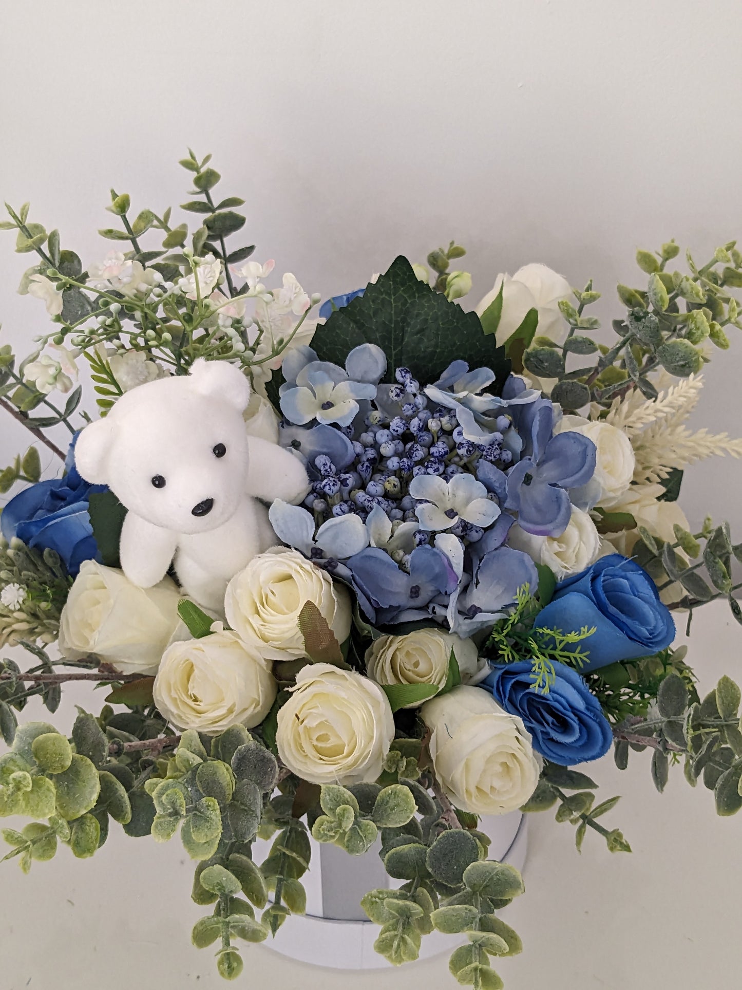 Baby Boy Silver & Blue Stunning Silk Flowers Hat Box