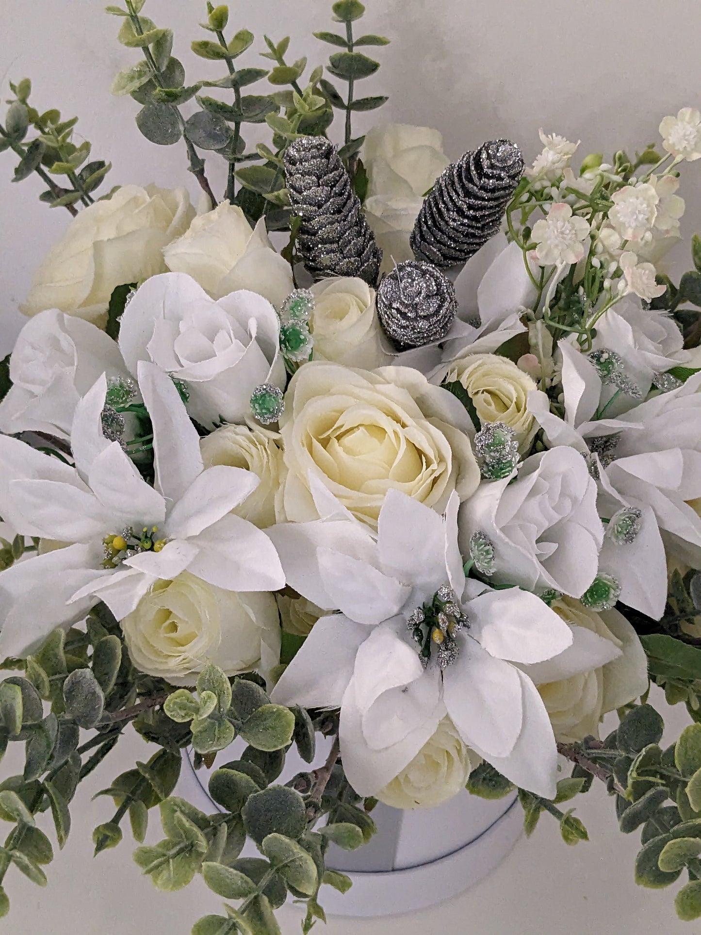 Winter White Stunning Silk Flowers Hat Box
