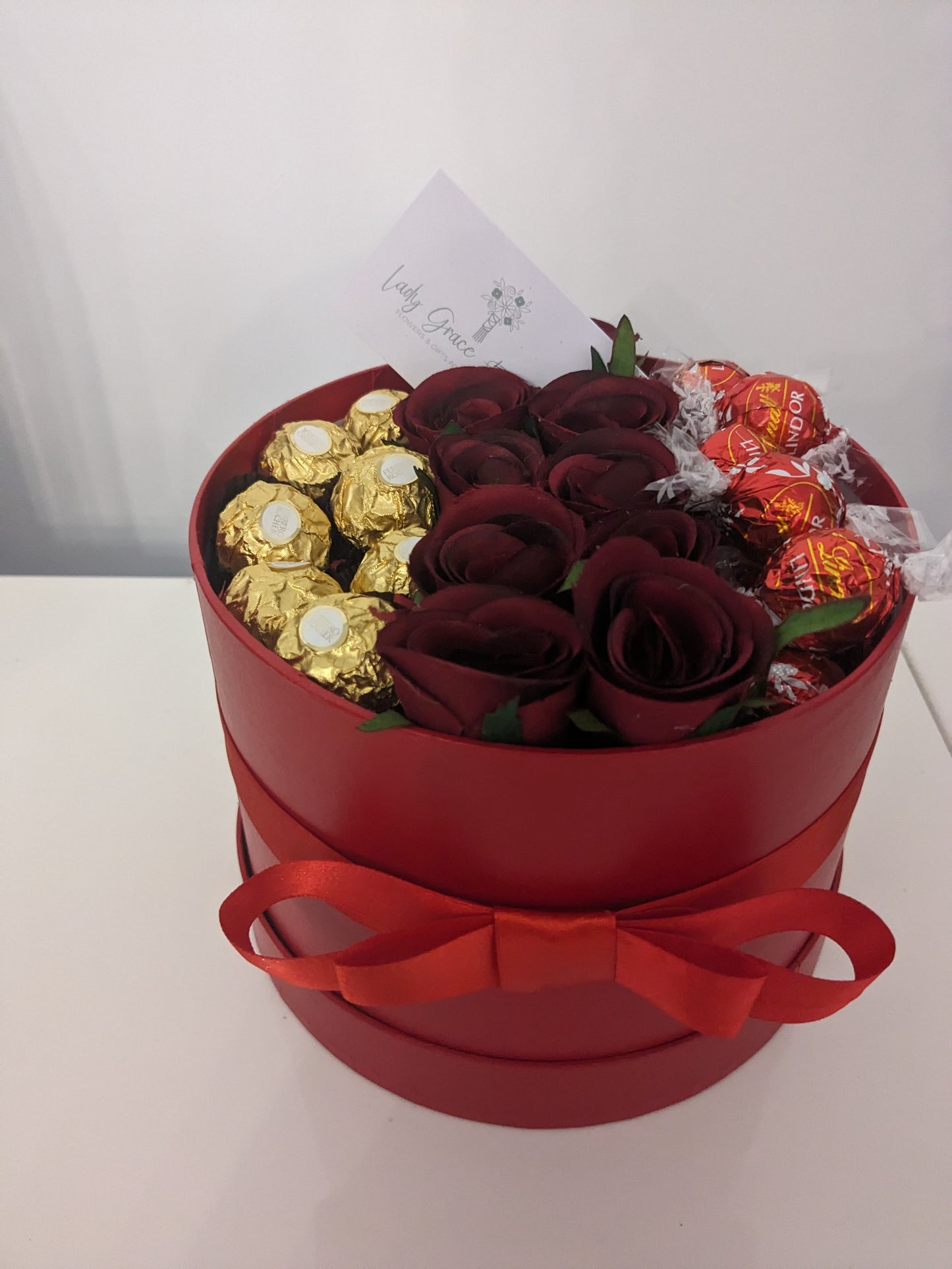 Red Ferrero & Lindt Hat Box Silk Flowers Gift - Medium