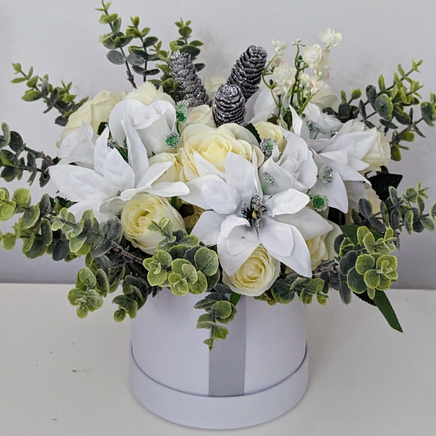Winter White Stunning Silk Flowers Hat Box